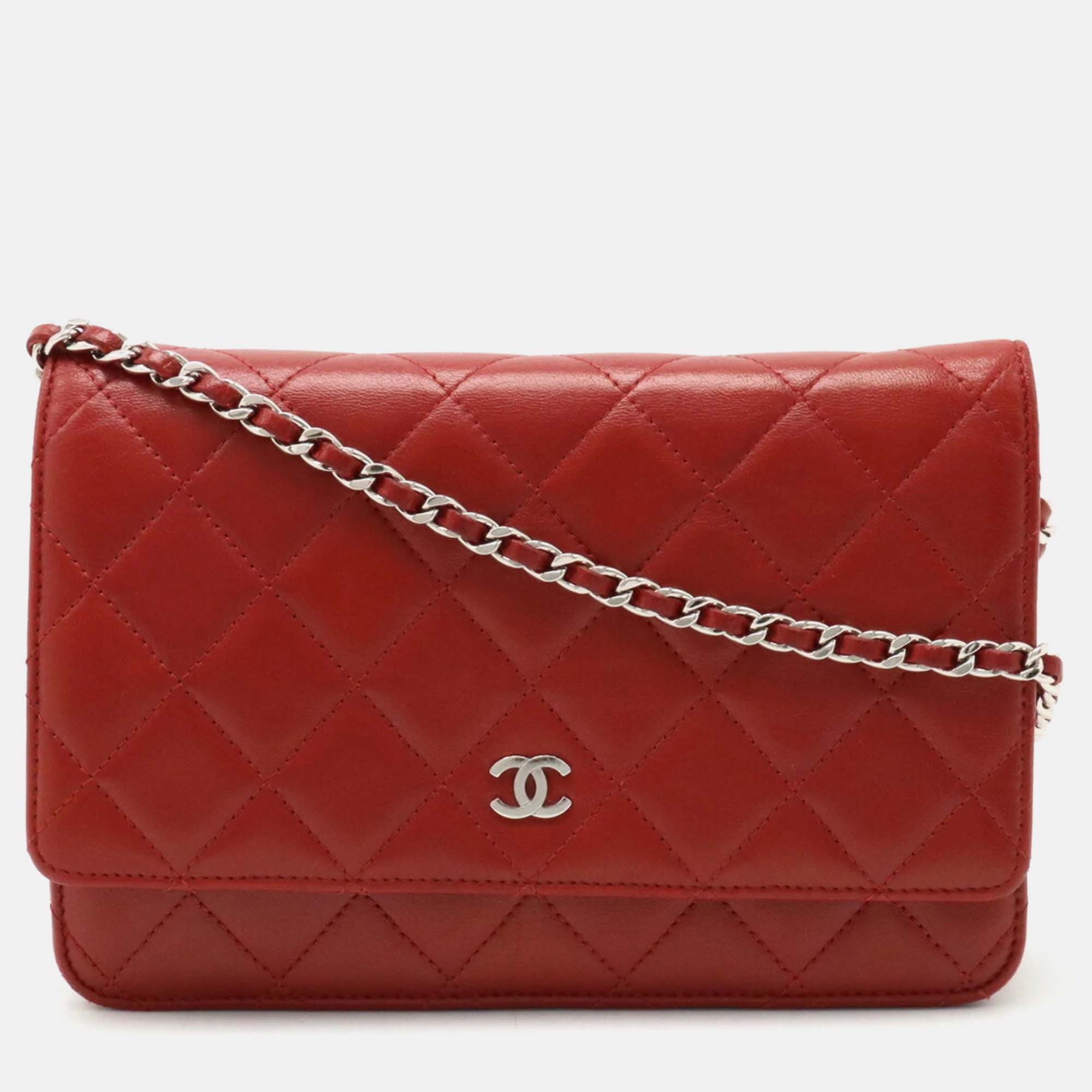 Chanel red leather classic wallet on chain