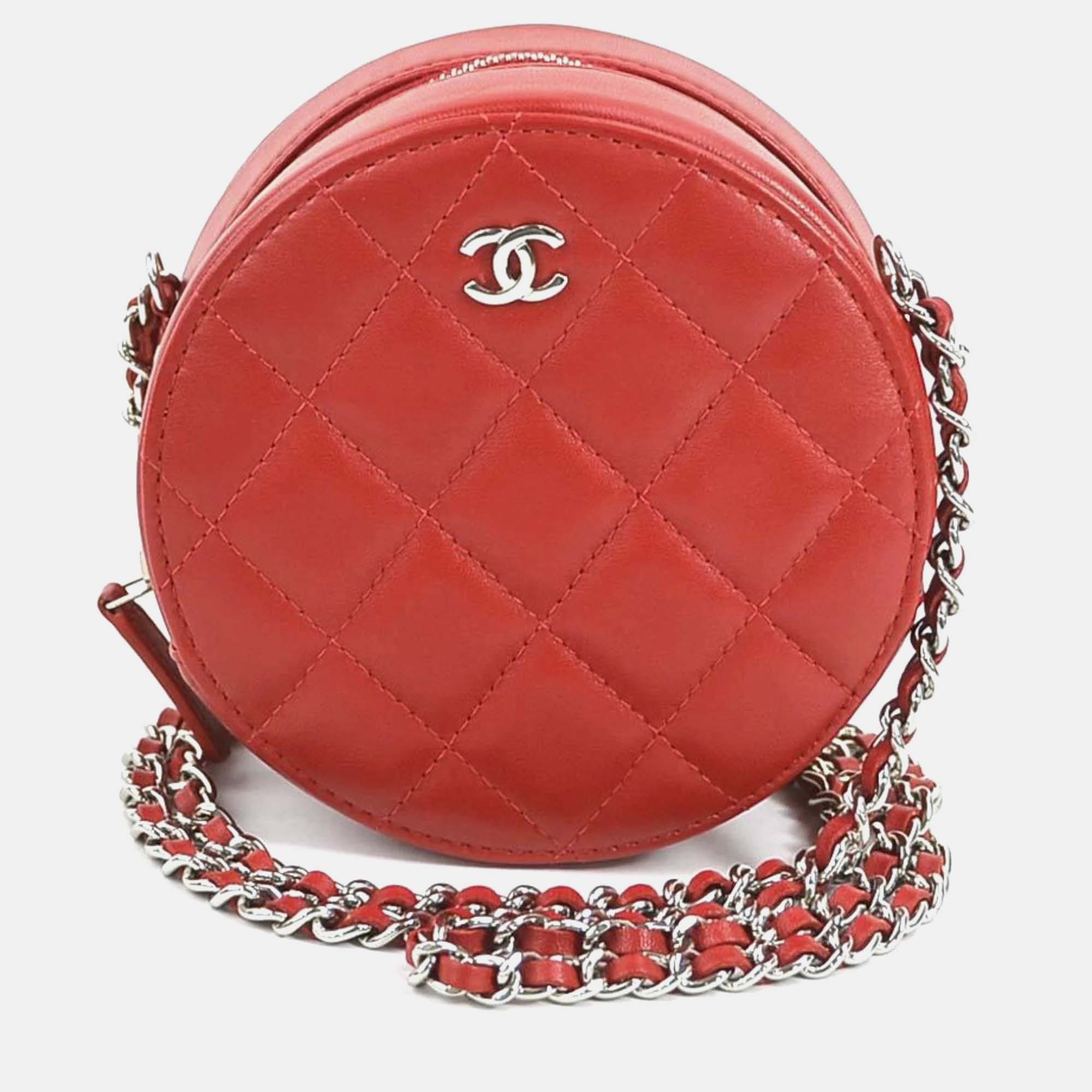 Chanel red quilted caviar leather round crossbody bag
