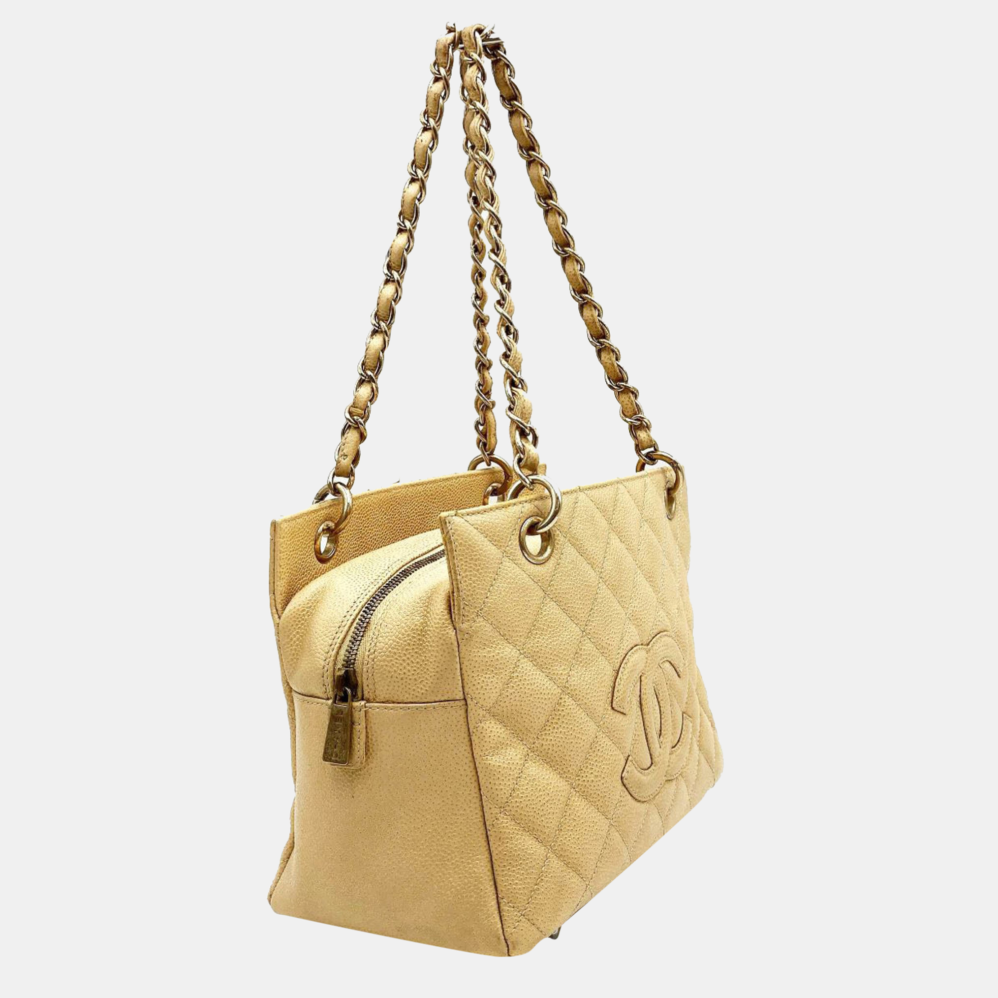 CHANEL Beige Petite Timeless Tote Quilted Caviar Shoulder Bag