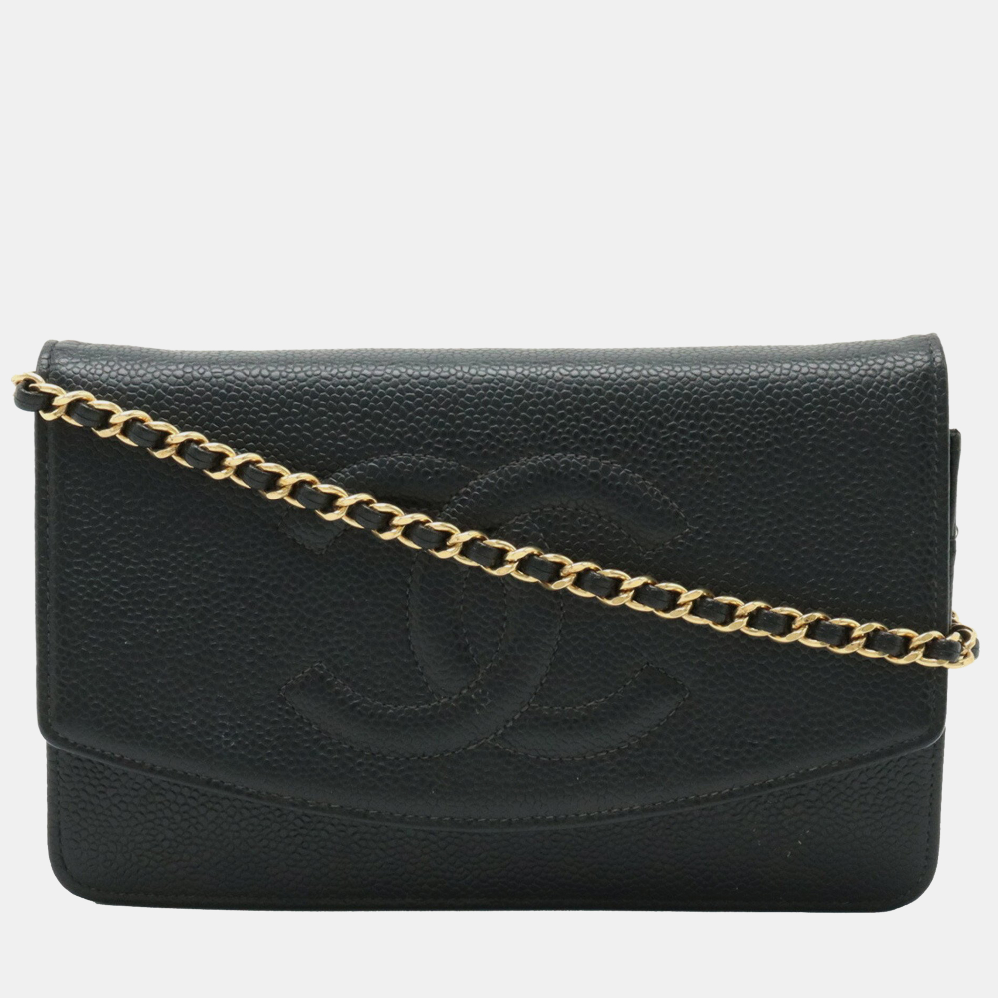 Chanel black leather caviar skin coco mark chain wallet