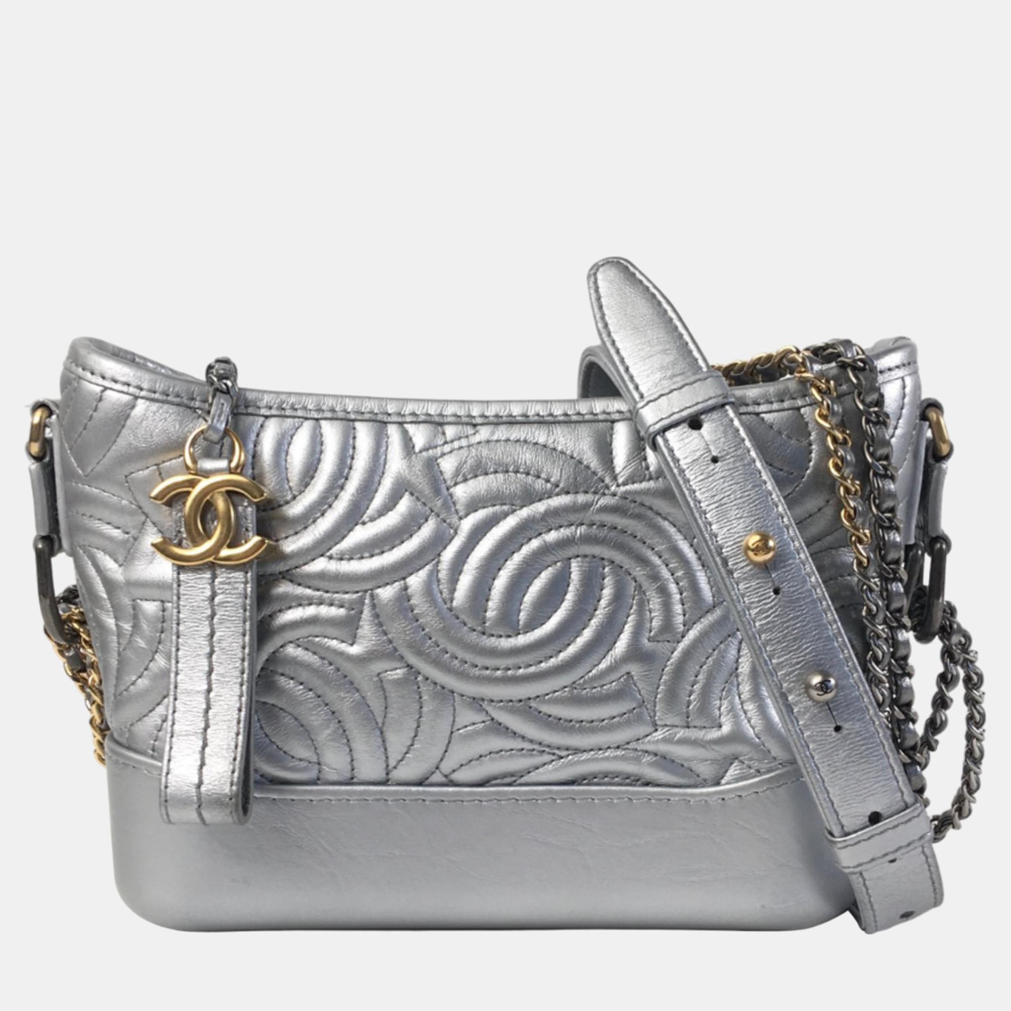 Chanel silver small cc stitched calfskin gabrielle crossbody bag
