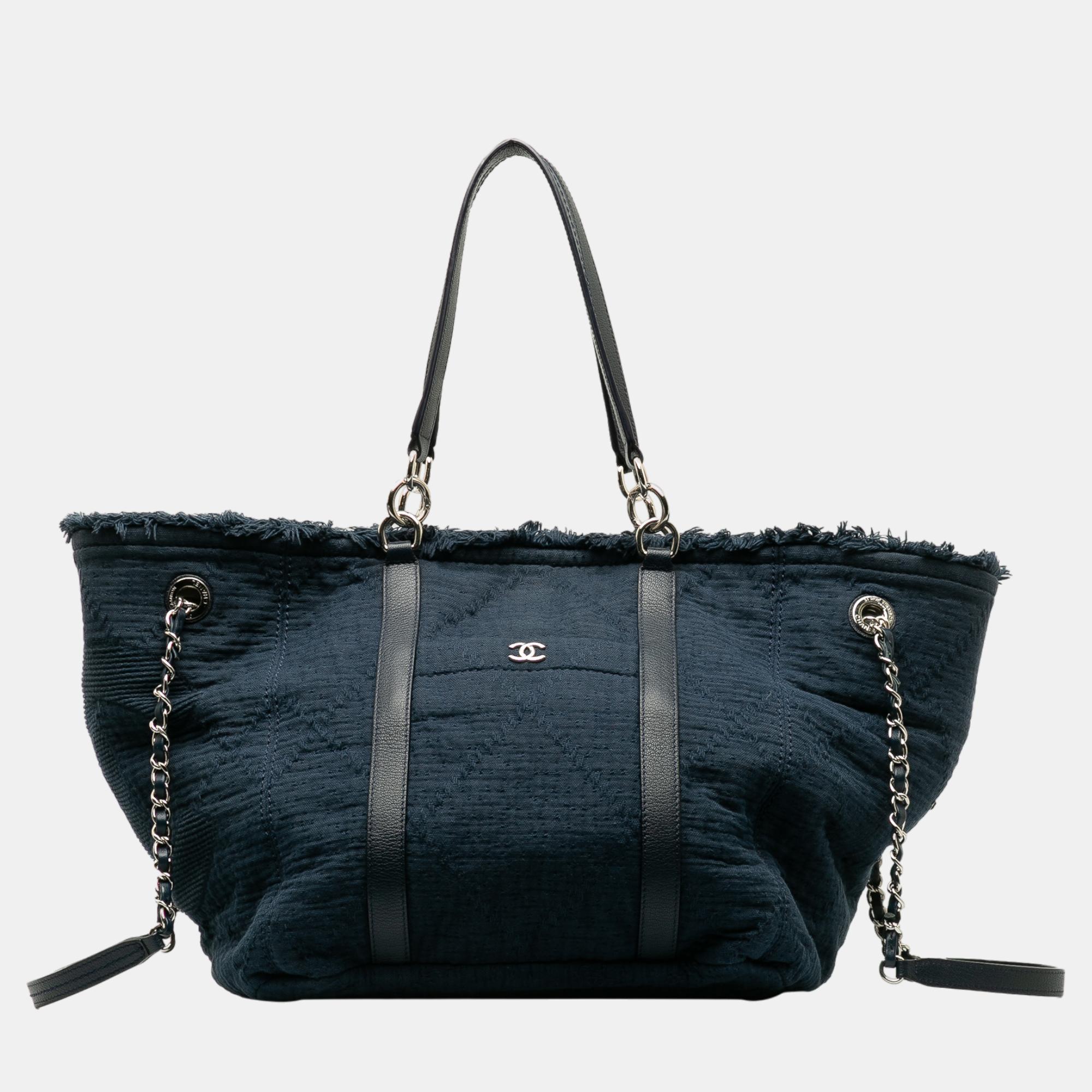 Chanel navy blue large cc double face deauville satchel