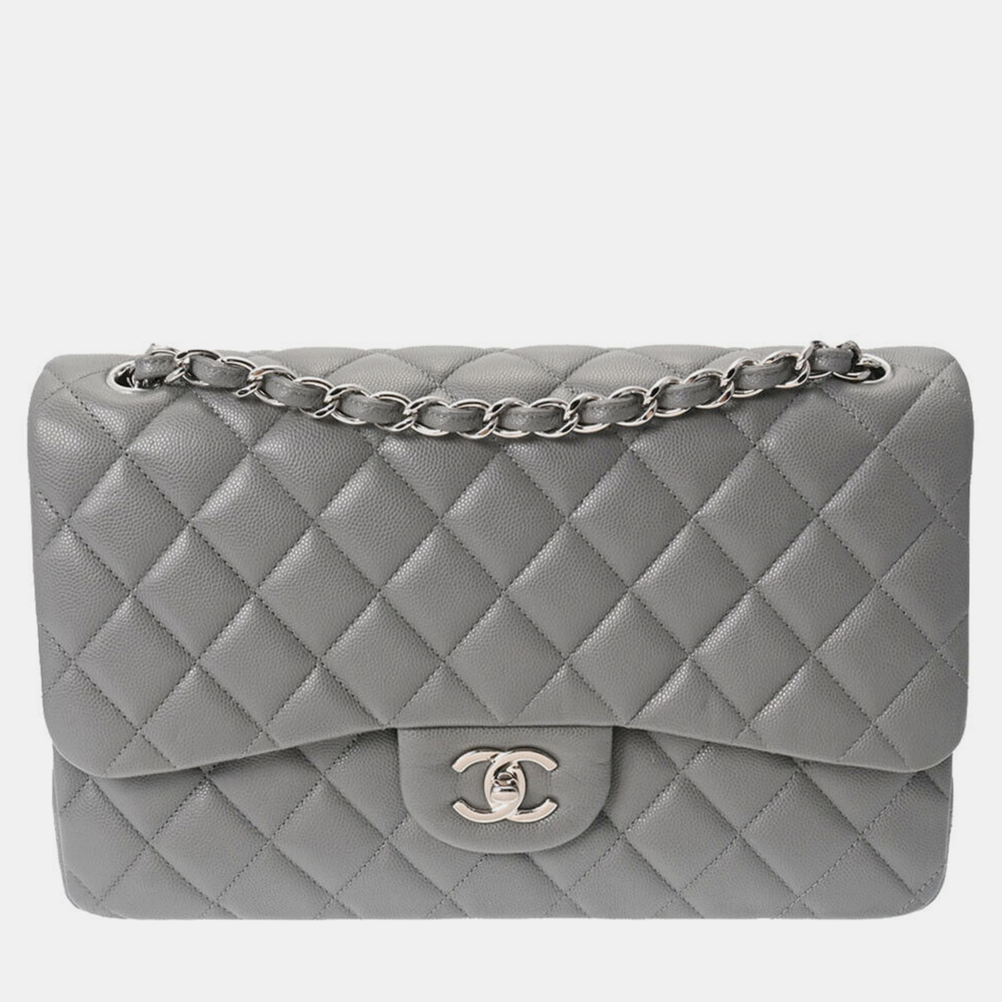 Chanel grey leather classic double flap bag