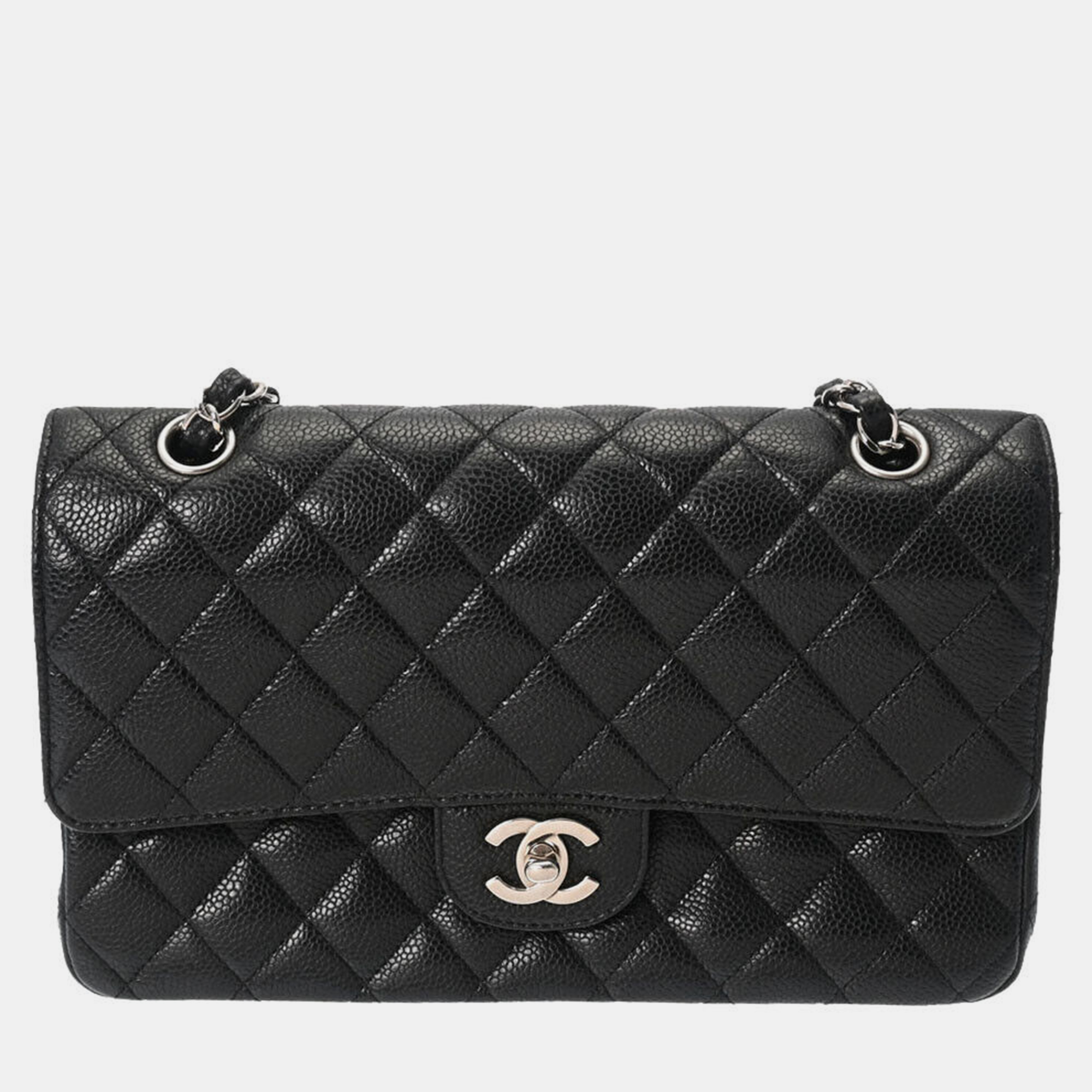 Chanel black caviar leather classic double flap shoulder bag
