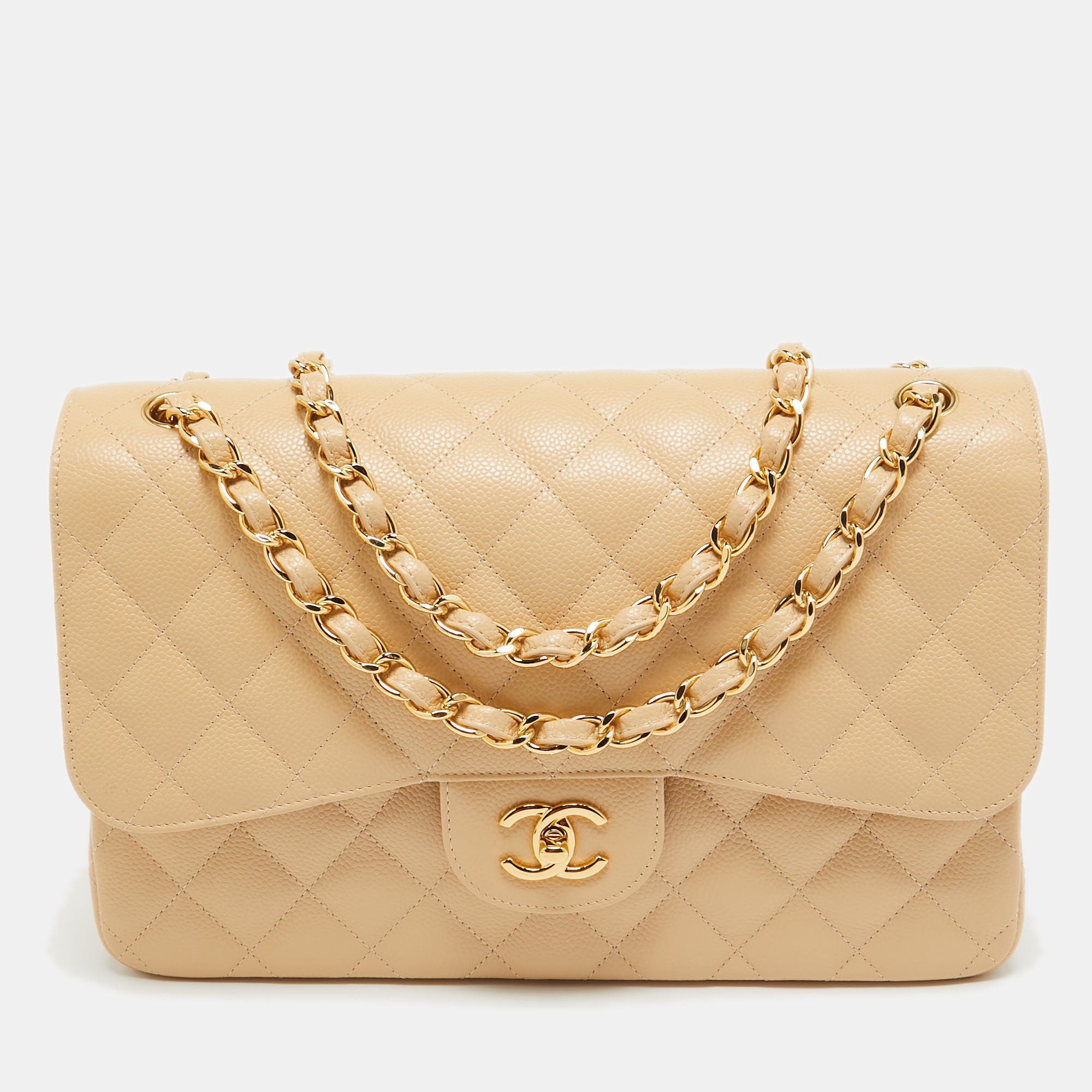 Chanel beige quilted caviar leather jumbo classic double flap bag
