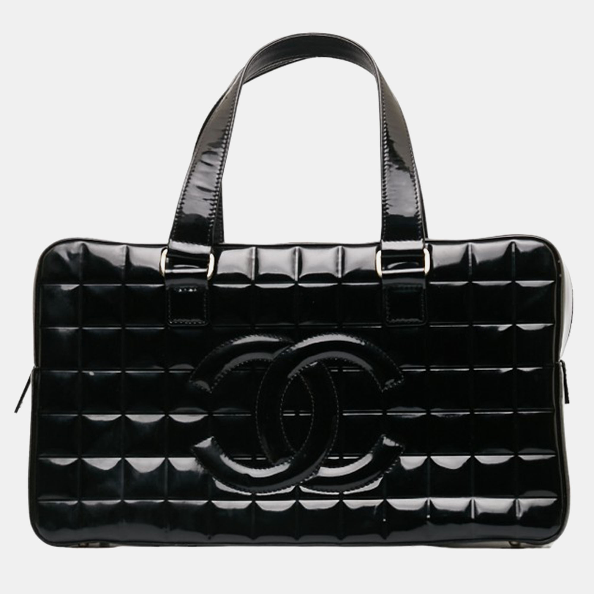 Chanel black patent leather square quilt boston bag