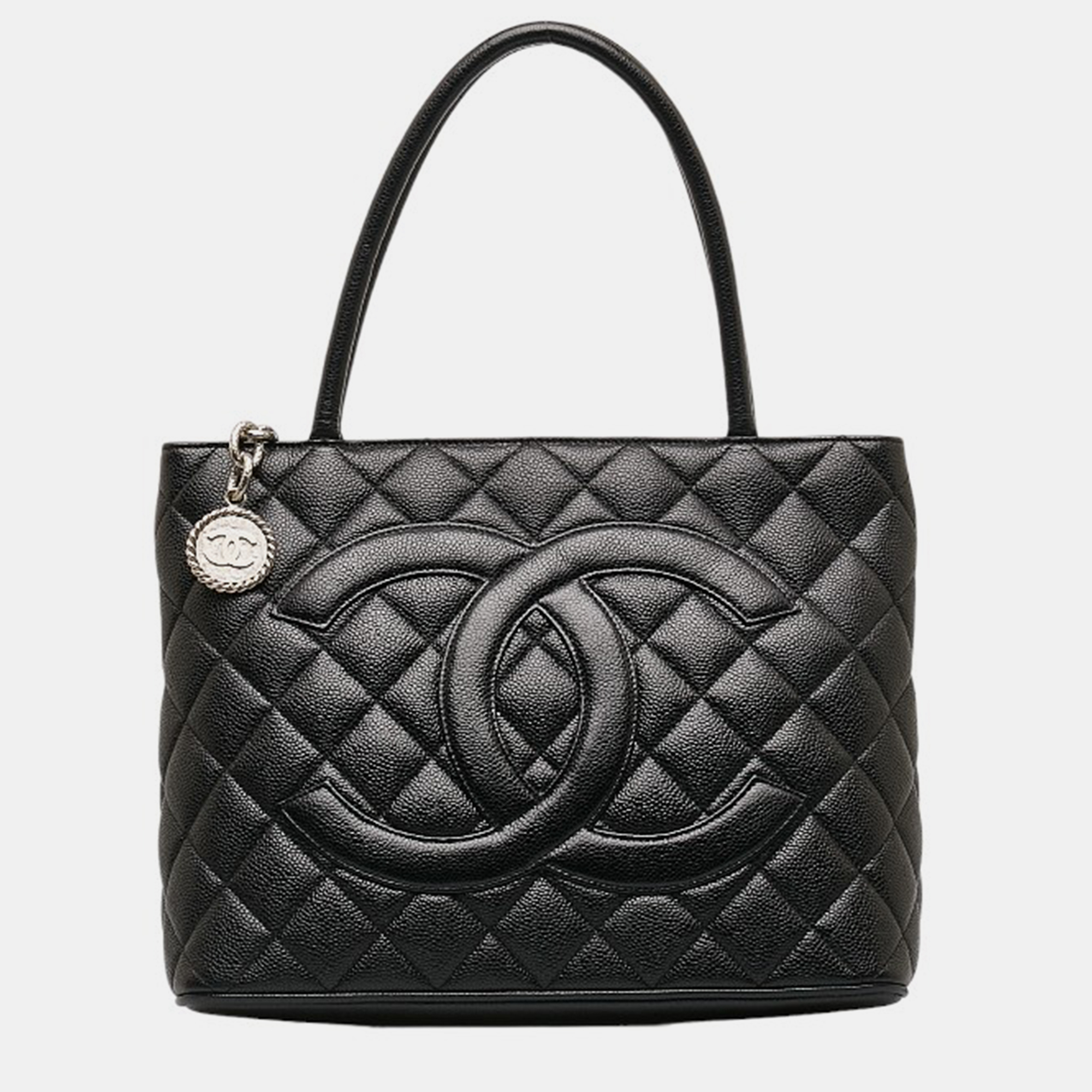 Chanel black caviar leather medallion tote bag