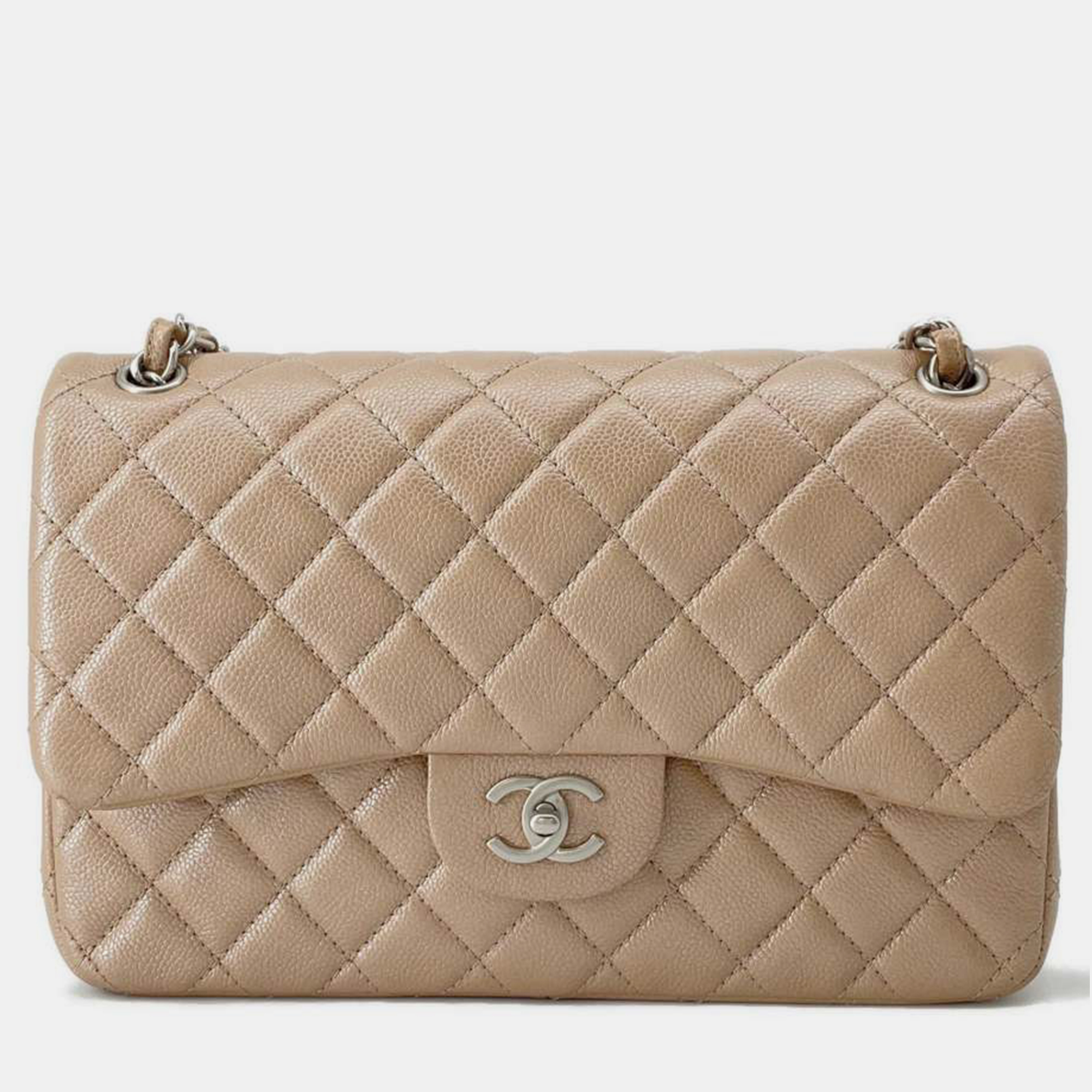 Chanel beige leather classic double flap shoulder bag