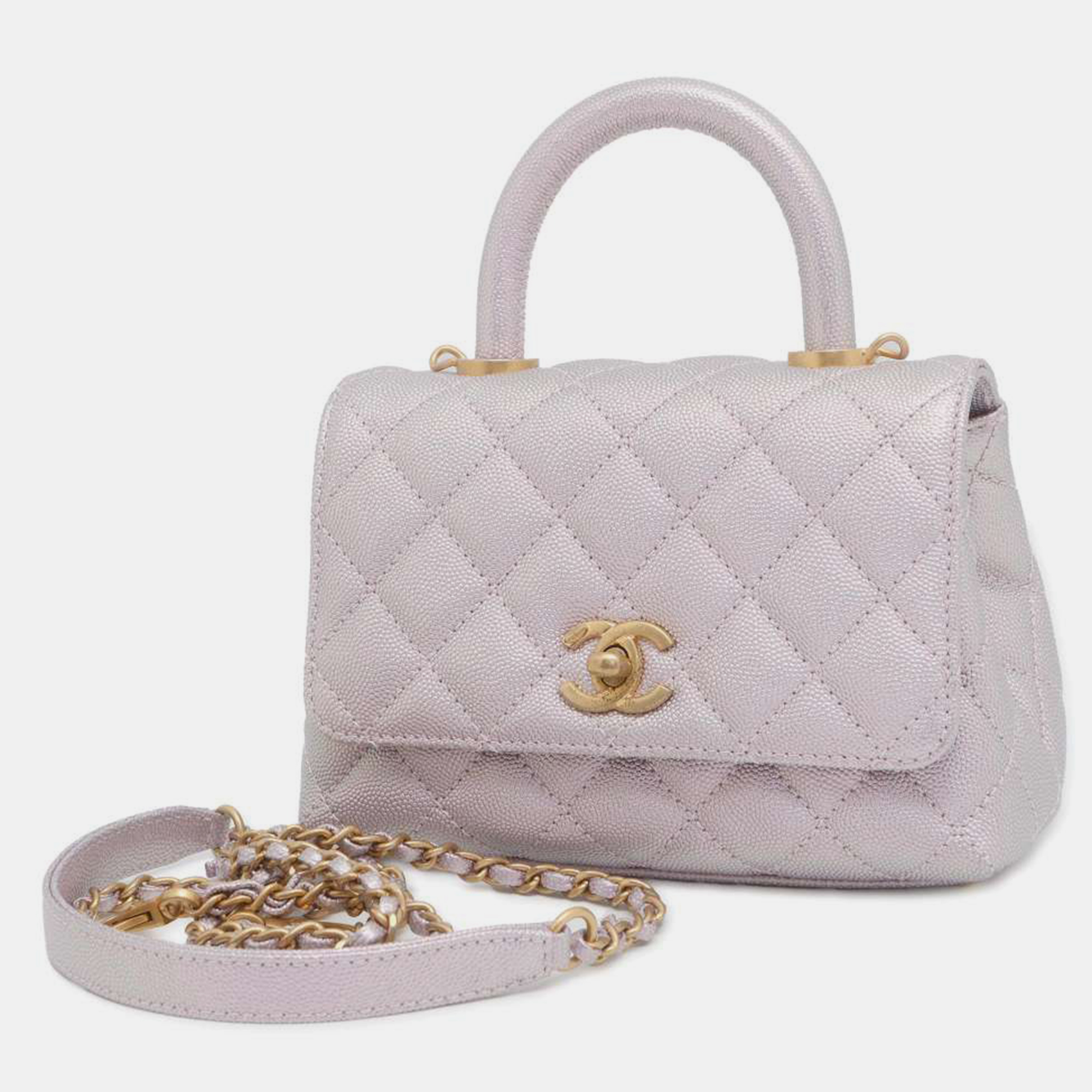 Chanel white caviar leather coco top handle bag