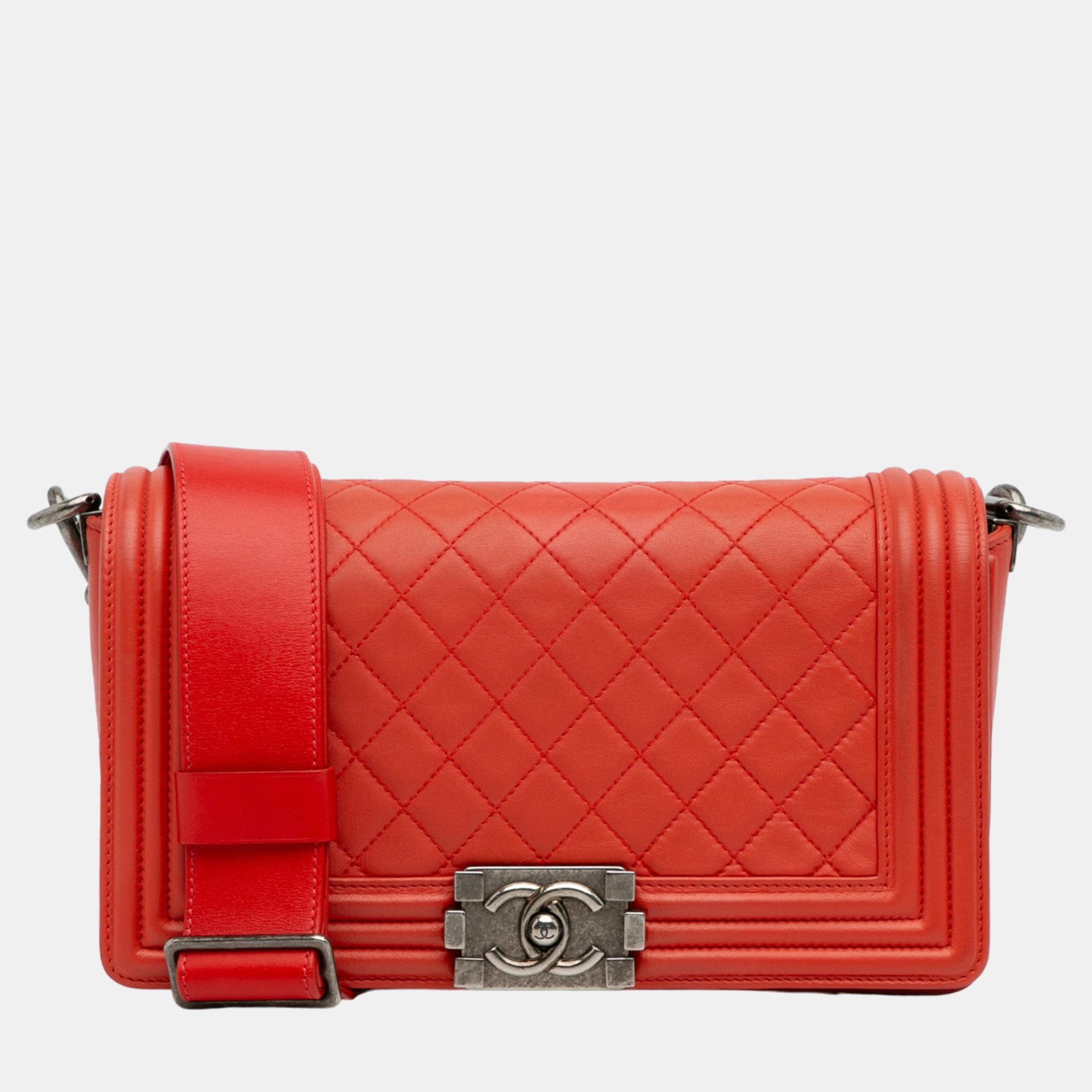 Chanel red medium lambskin boy galuchat strap flap bag