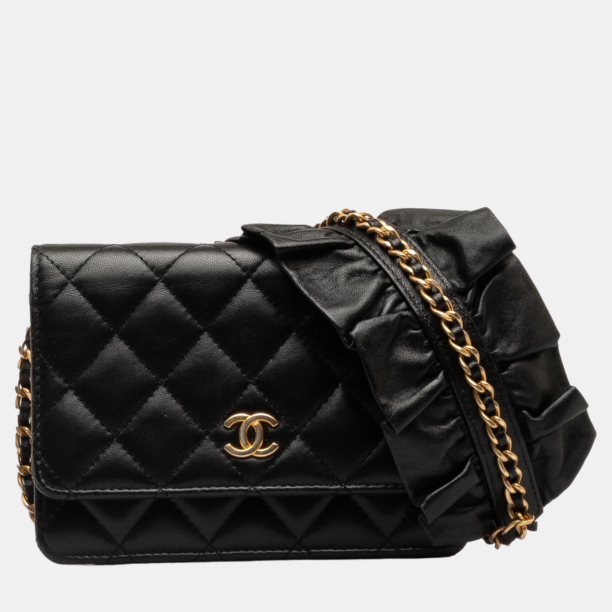 Chanel black lambskin romance wallet on chain