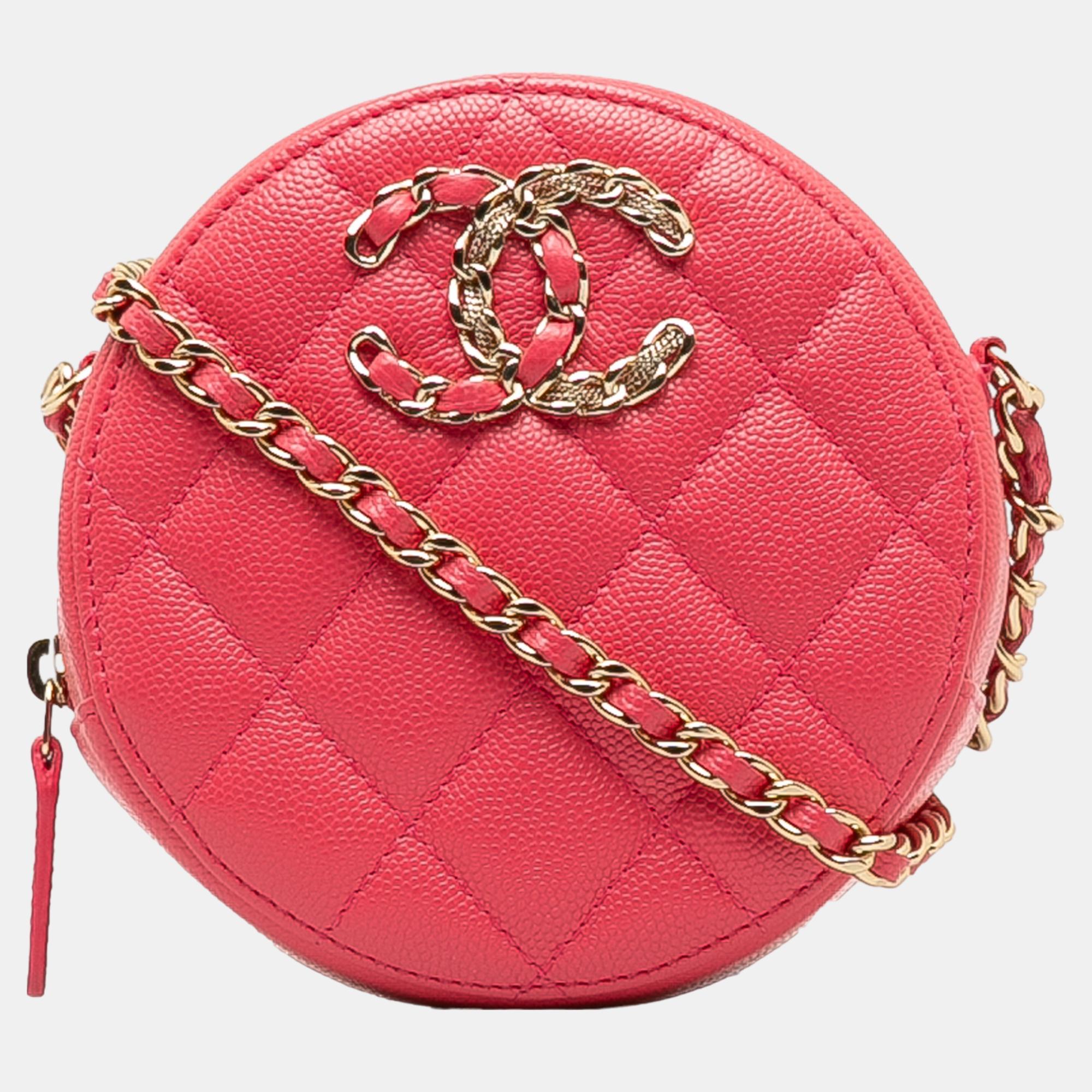 Chanel pink 19 round caviar clutch with chain