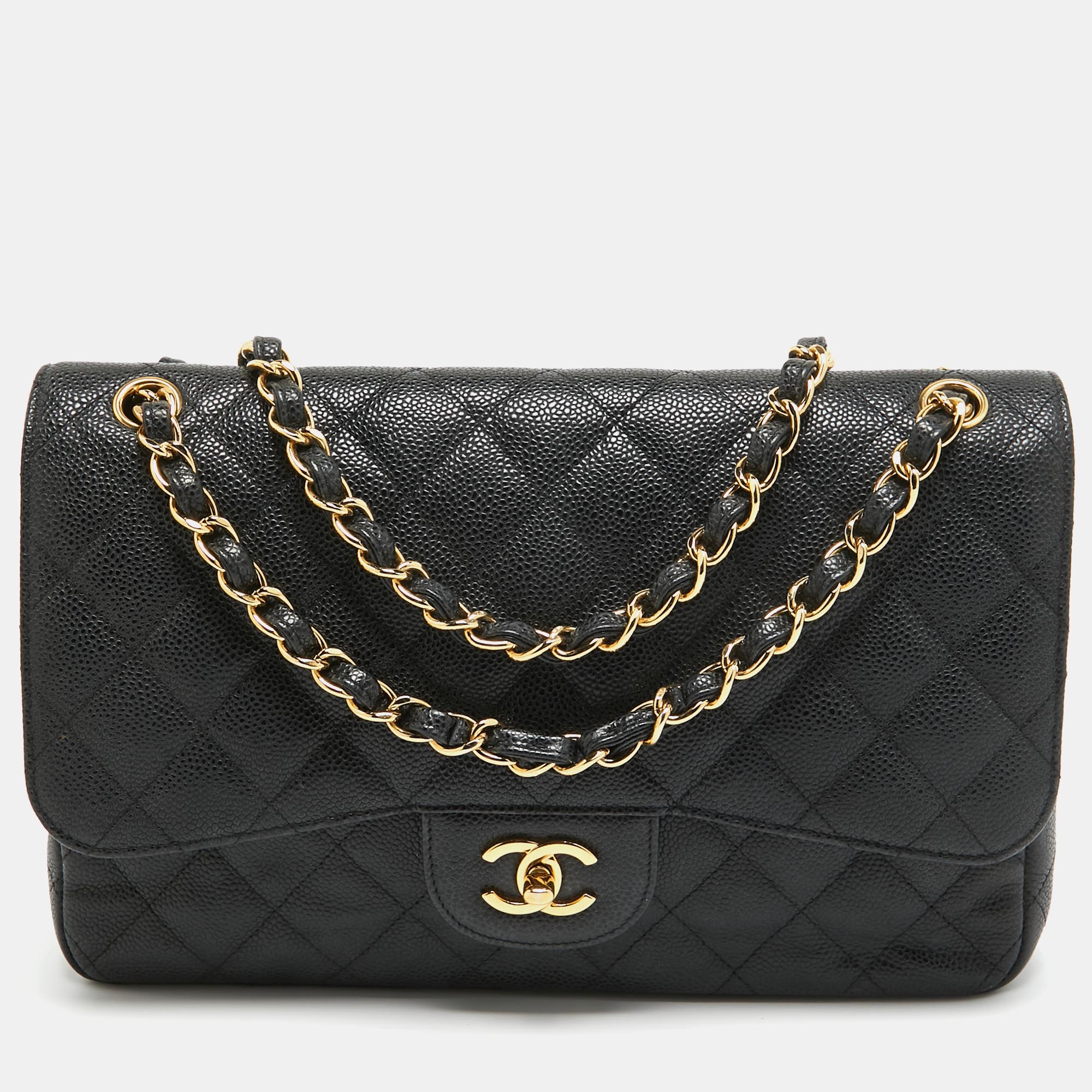 Chanel black quilted caviar leather jumbo classic double flap bag
