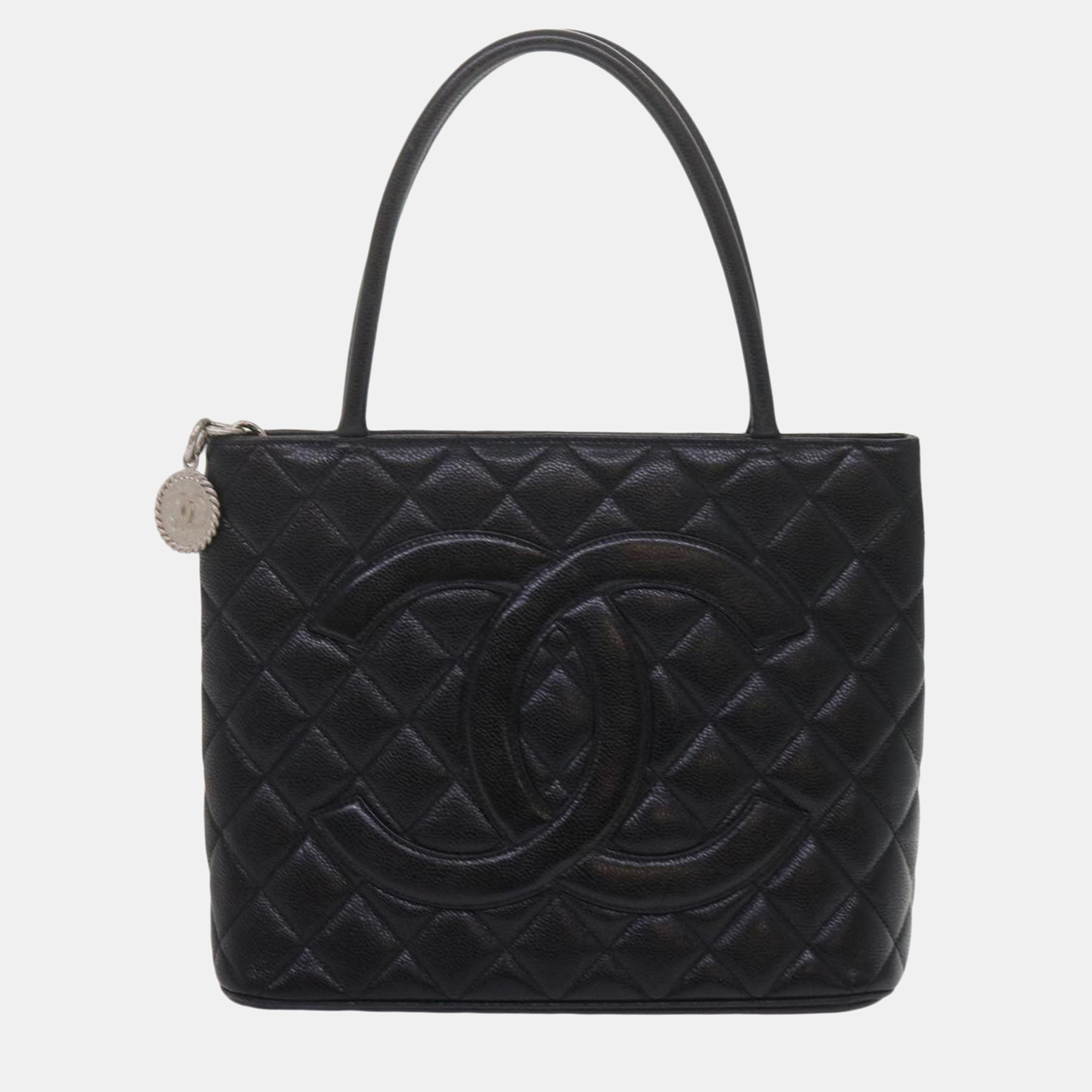 Chanel black leather  quilted madellion tote bag