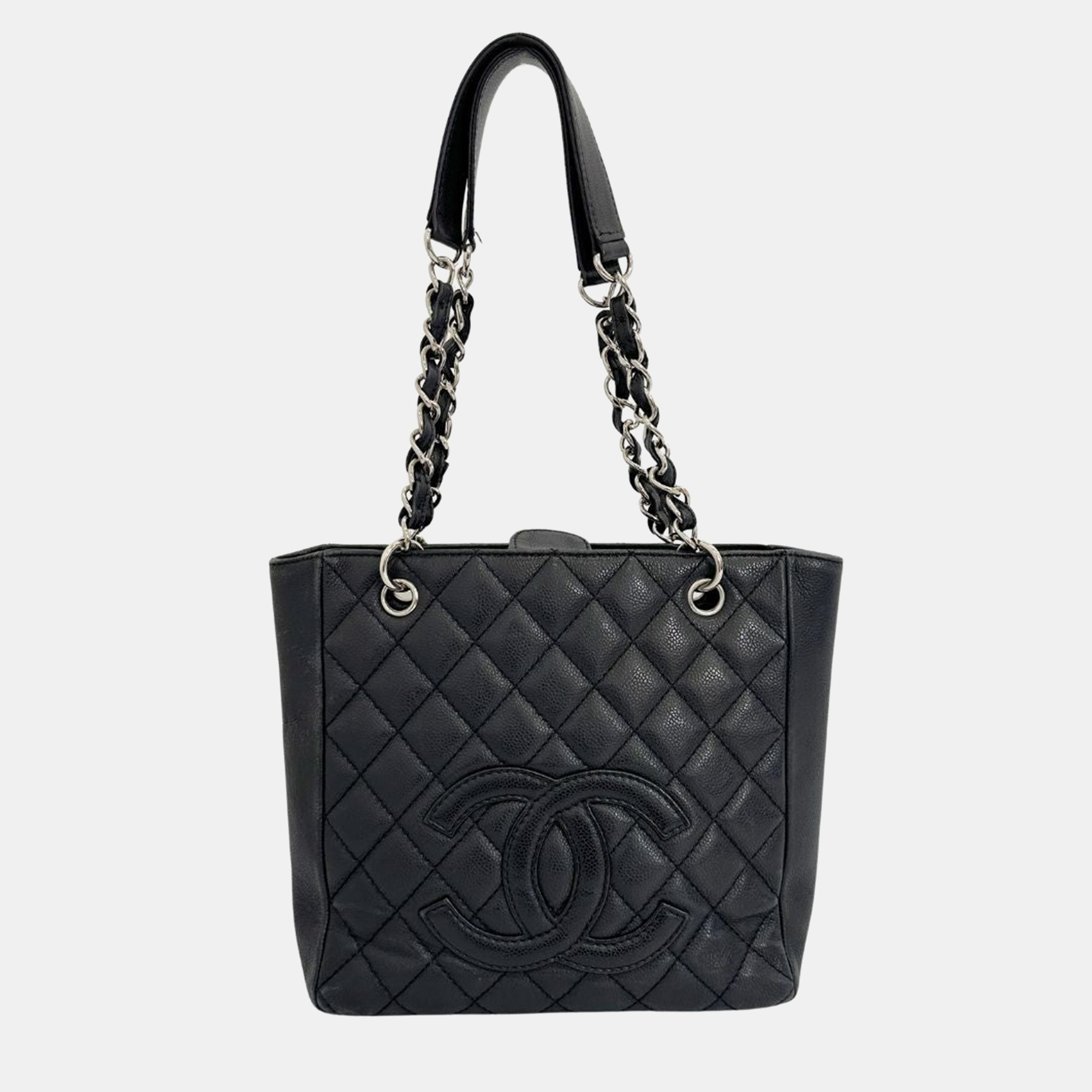 Chanel balck quilted leather petite shopping tote