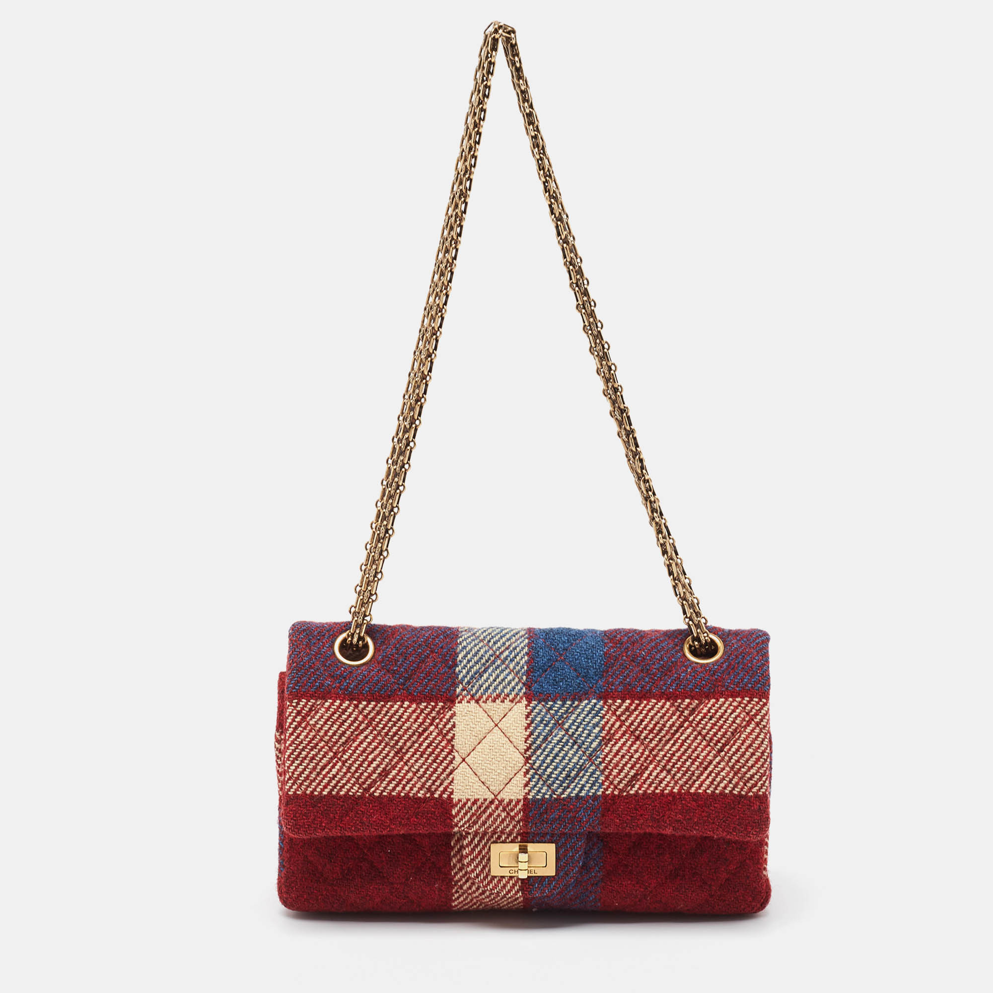 Chanel red gingham tweed classic 225 reissue 2.55 flap bag