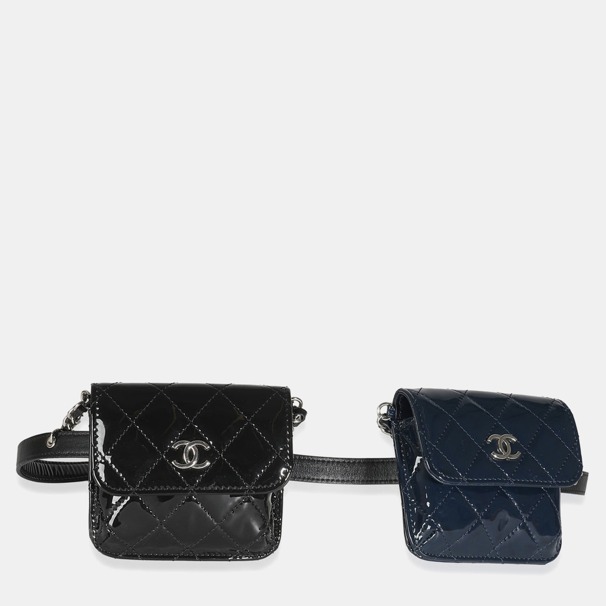 Chanel black navy quilted patent cc double chain mini waist bag