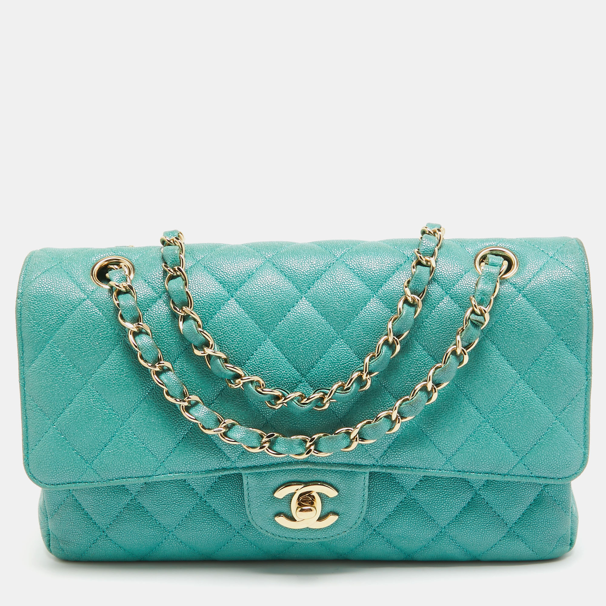 Chanel green quilted caviar leather medium classic double flap bag