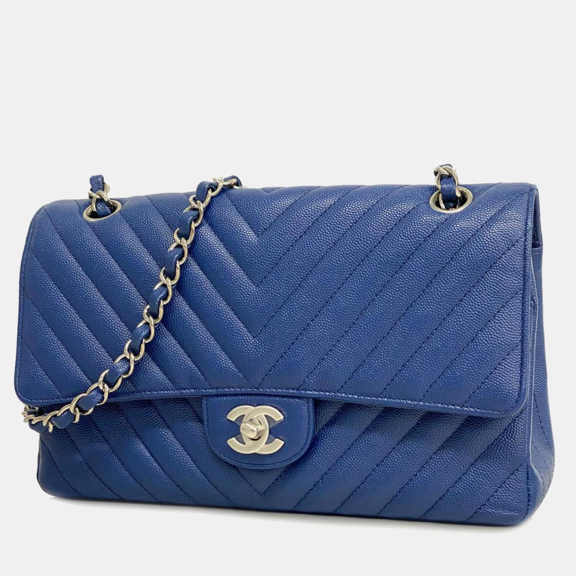 Chanel blue caviar leather medium classic double flap shoulder bags