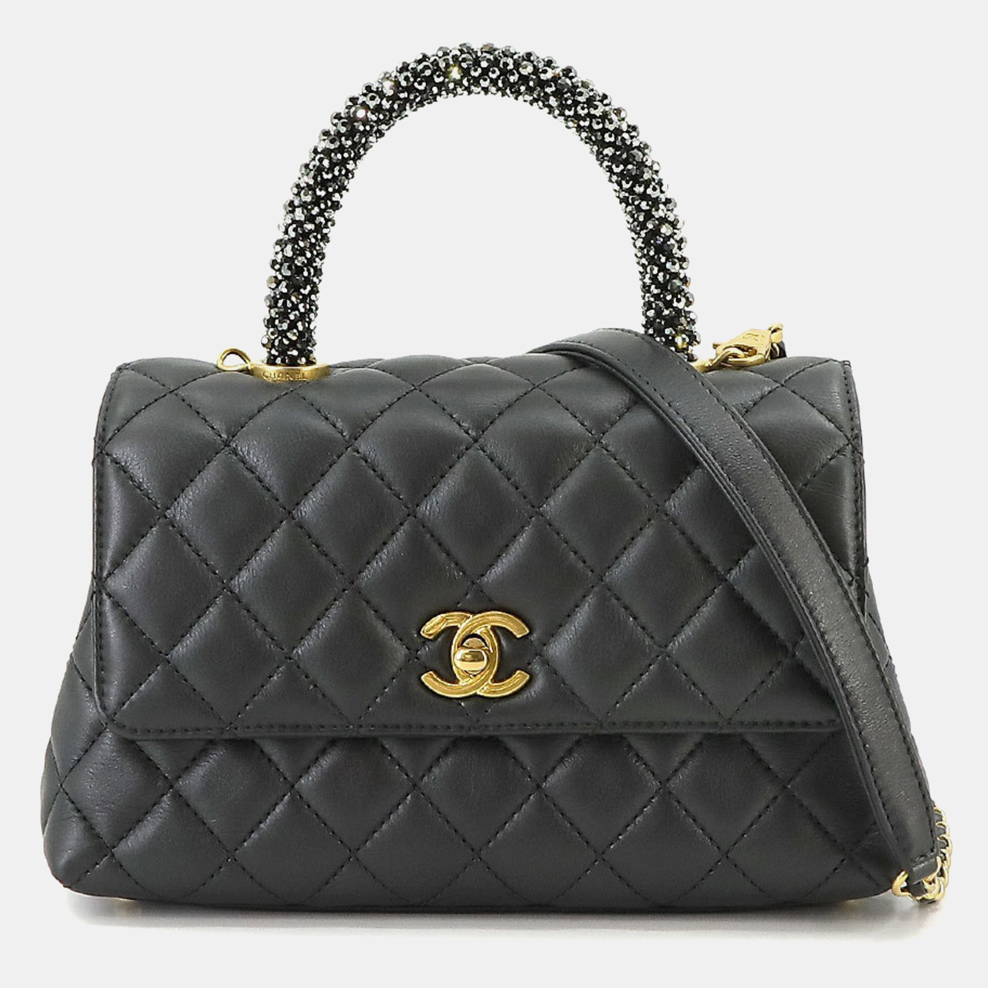 Chanel black quilted goatskin with beaded handle small coco top handle bag