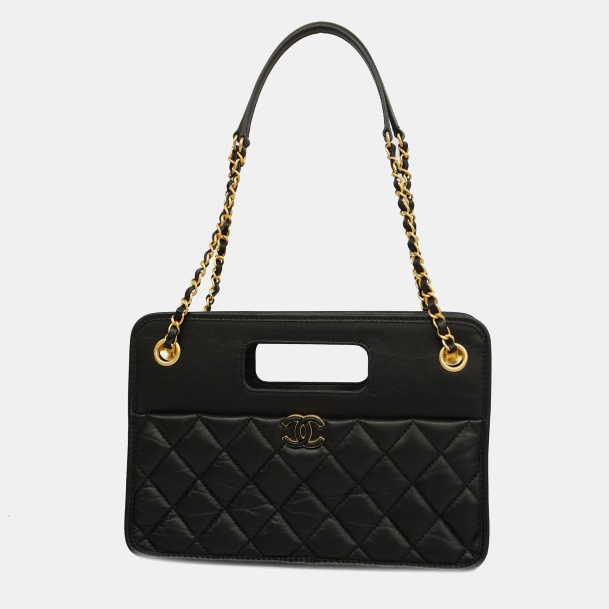 Chanel black lambskin leather graphic catch handle bag