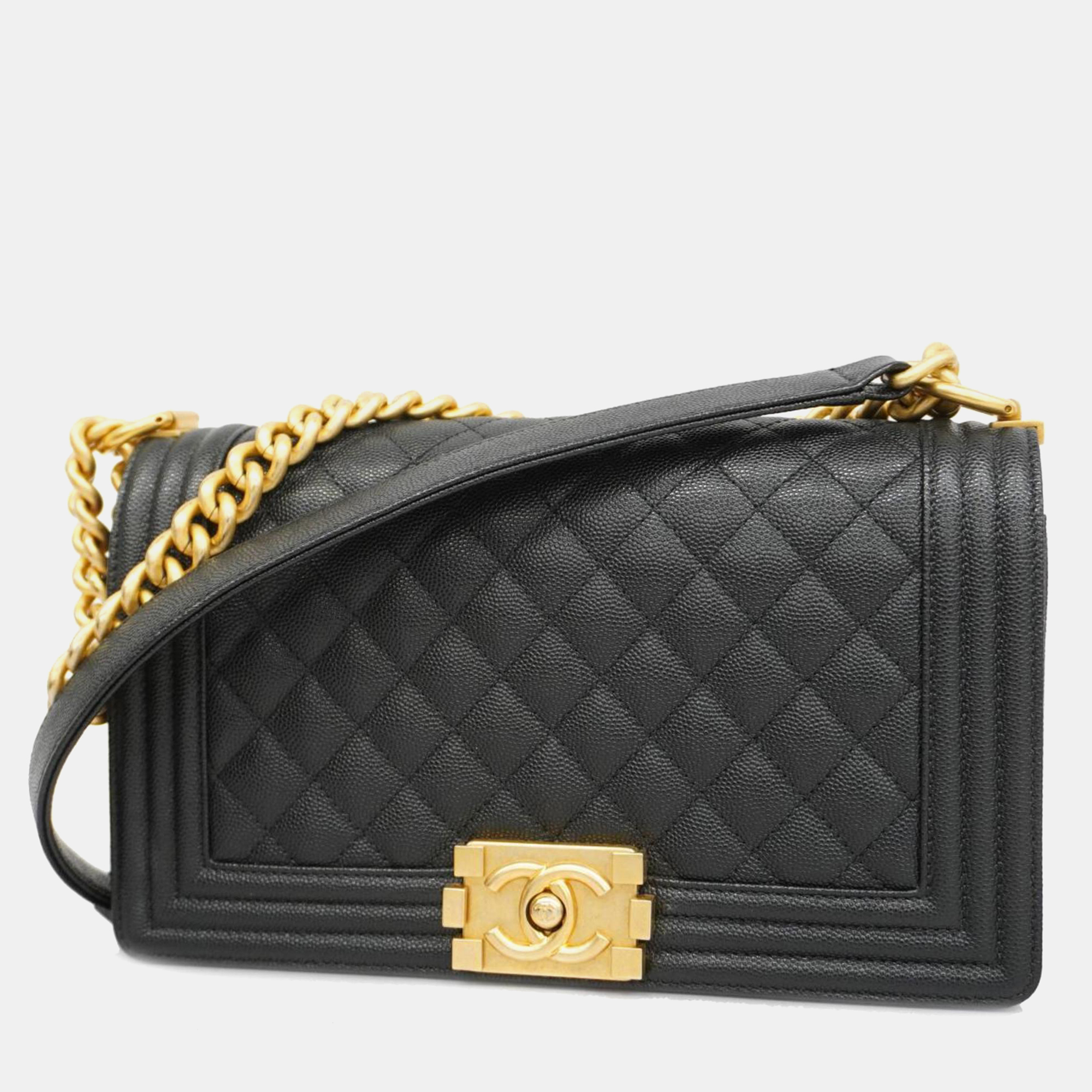 Chanel black caviar leather medium boy shoulder bags