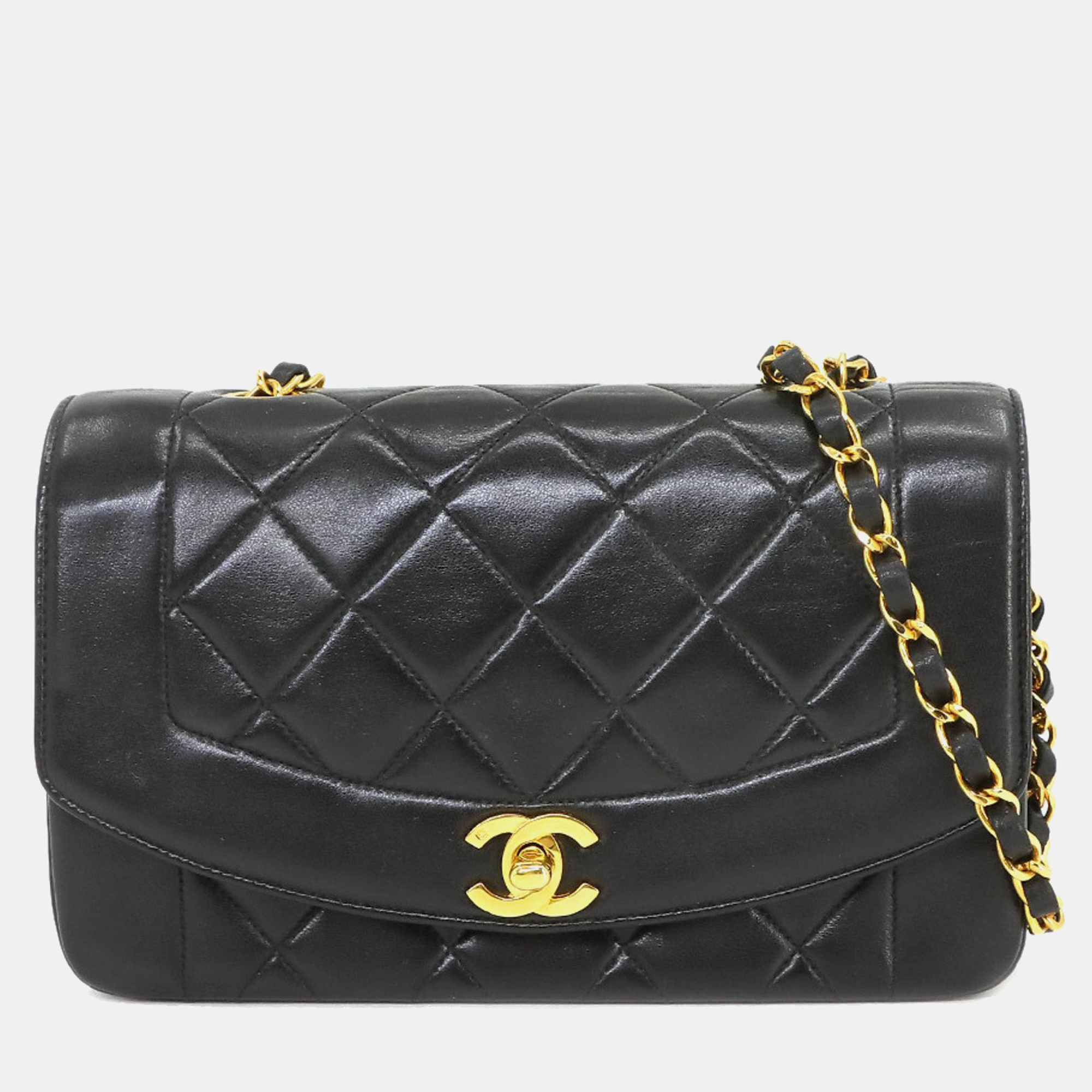 Chanel  black lambskin leather vintage diana shoulder bag