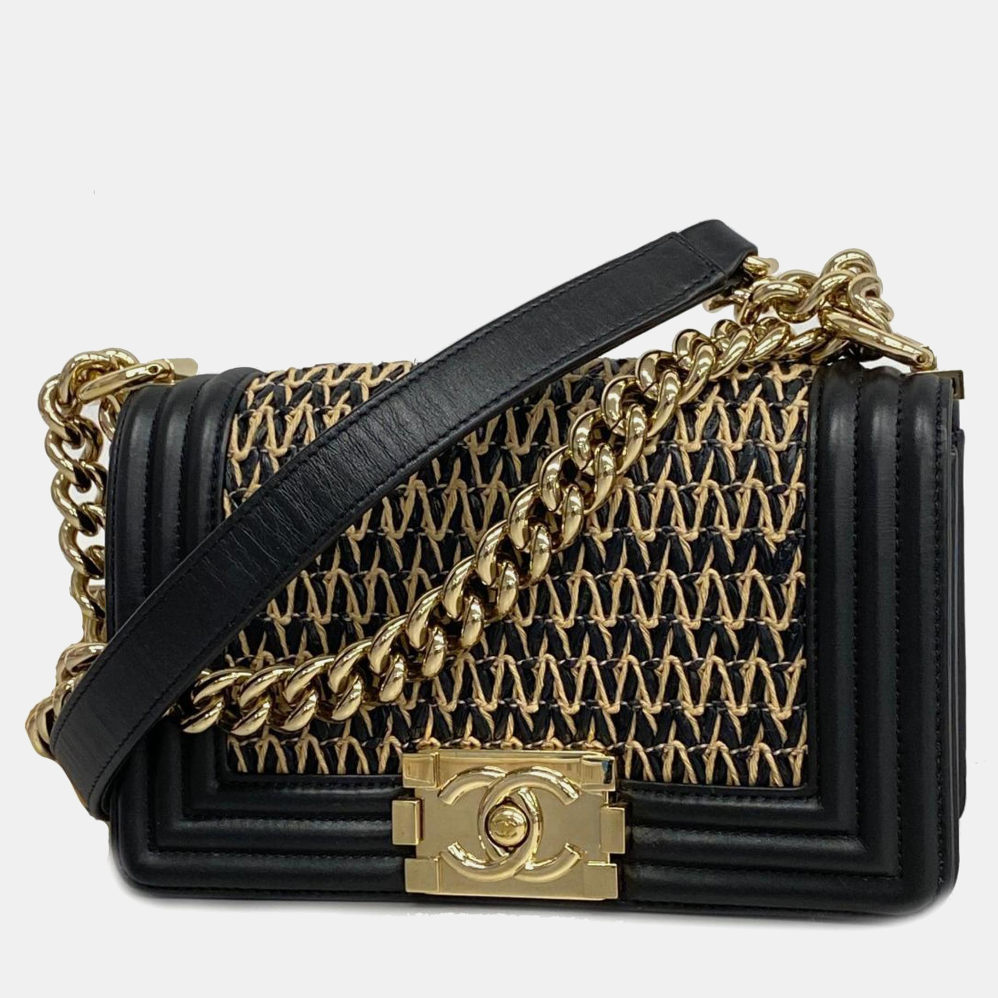Chanel chevron woven raffia and leather old small boy flap bag
