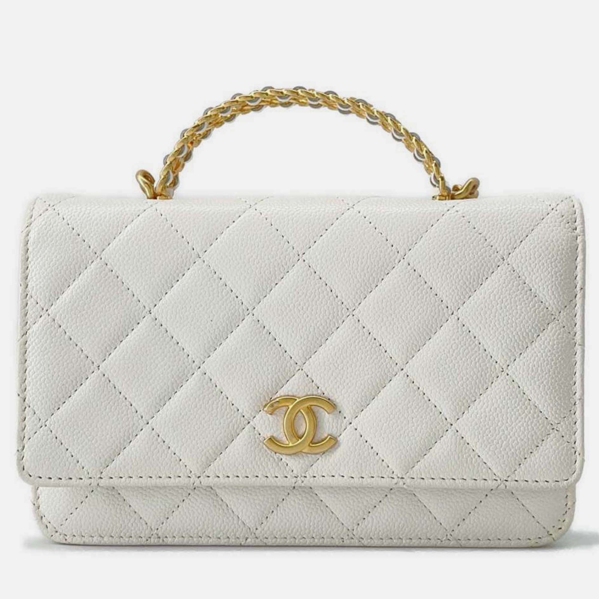 Chanel white caviar leather chain wallet on chain