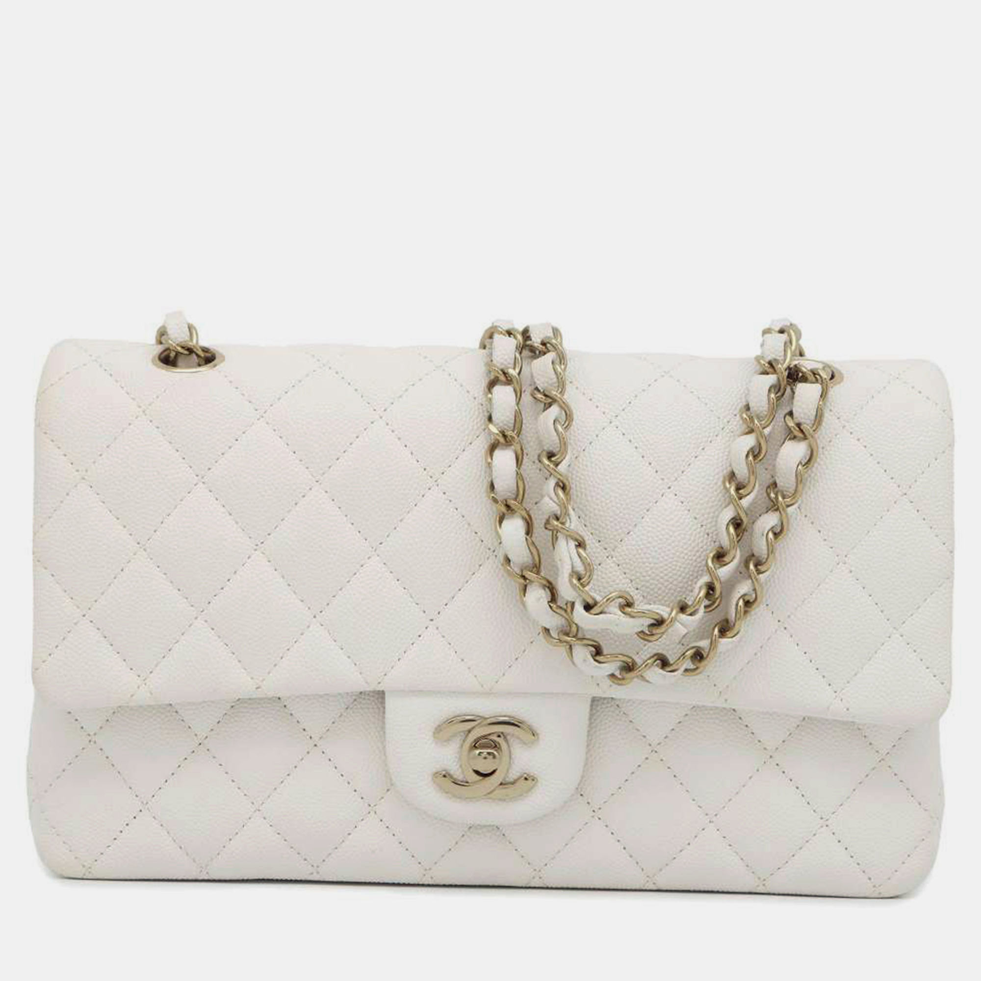 Chanel white leather classic double flap shoulder bag