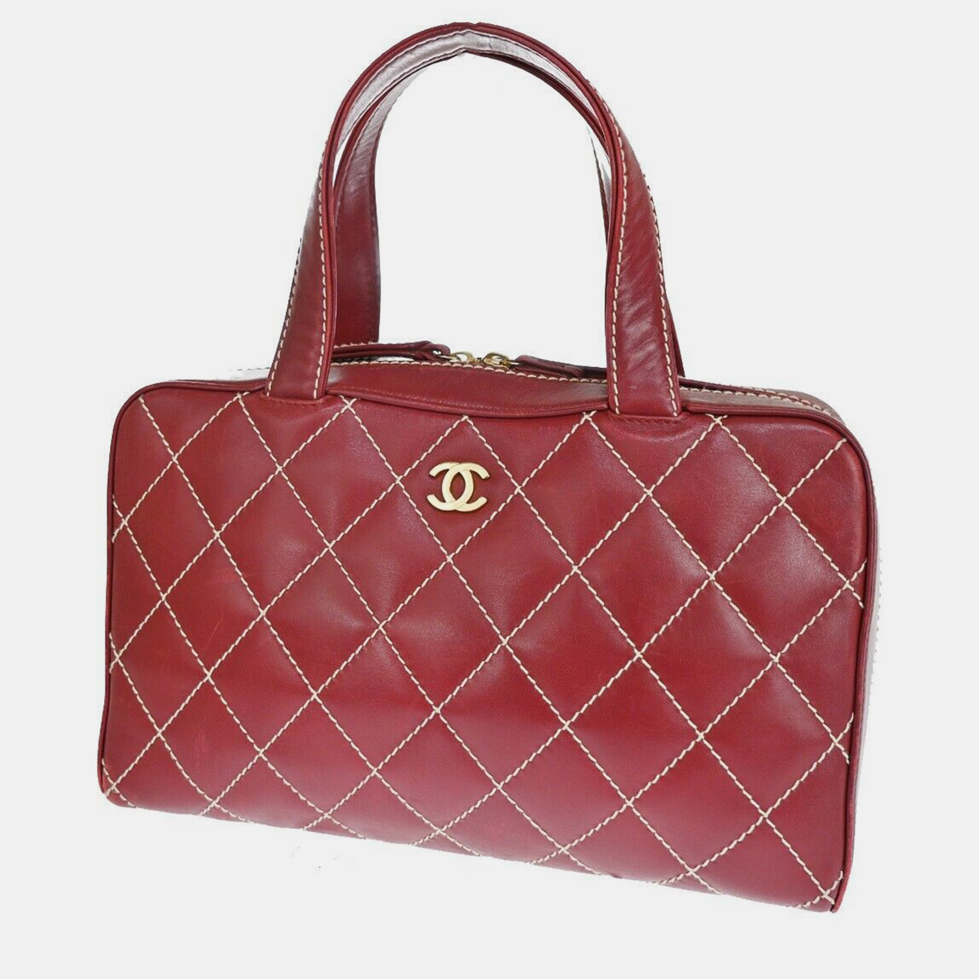 Chanel red leather wild stitch satchel bag