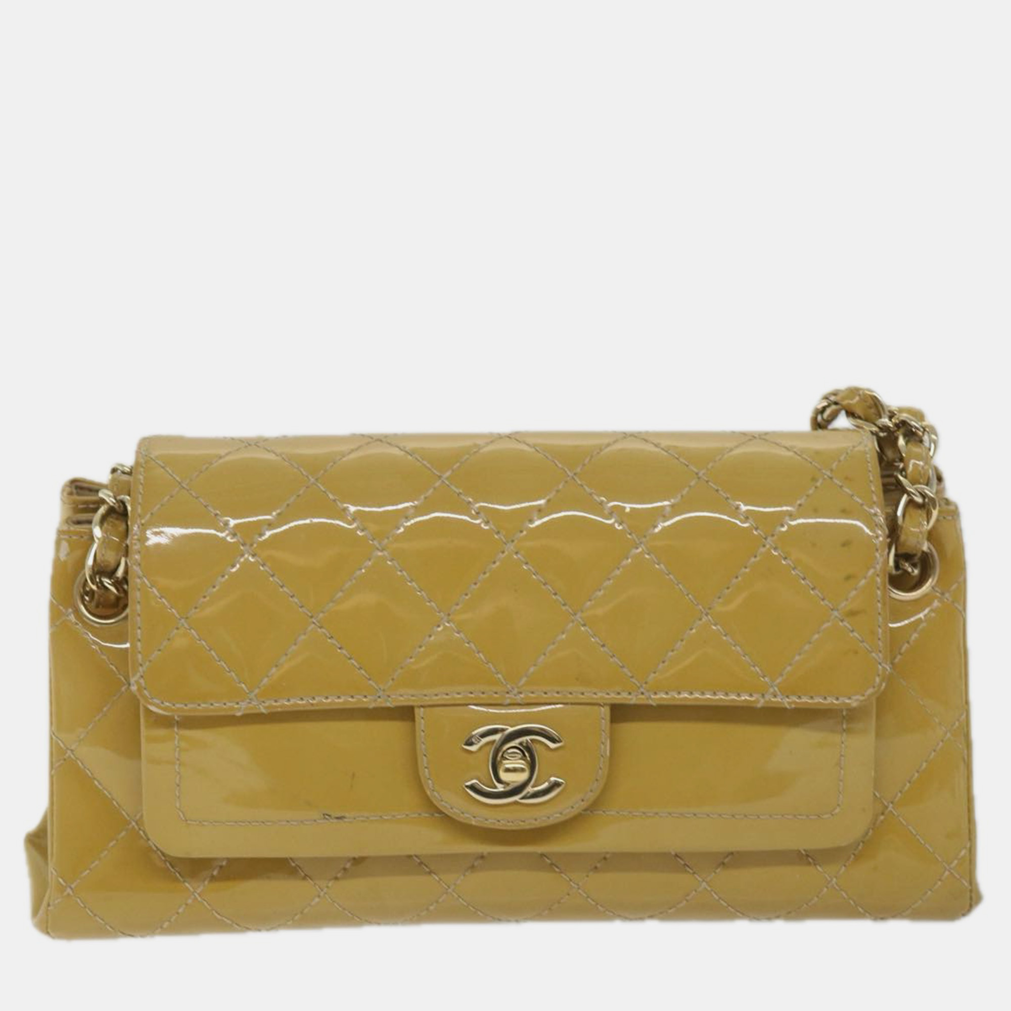 Chanel yellow patent leather matelasse shoulder bag