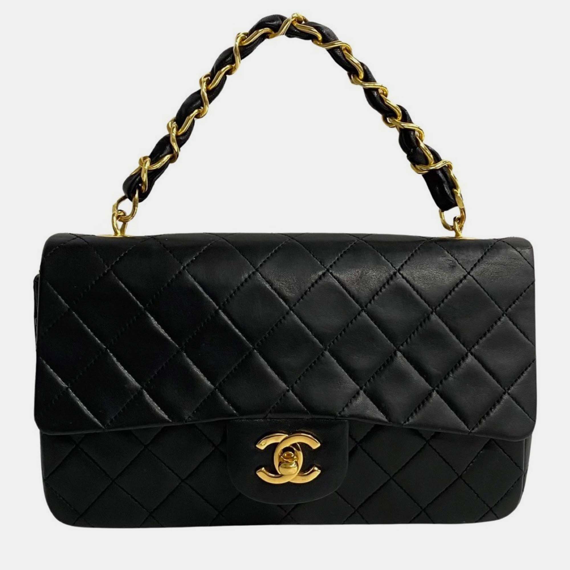 Chanel black lambskin leather chain handbag