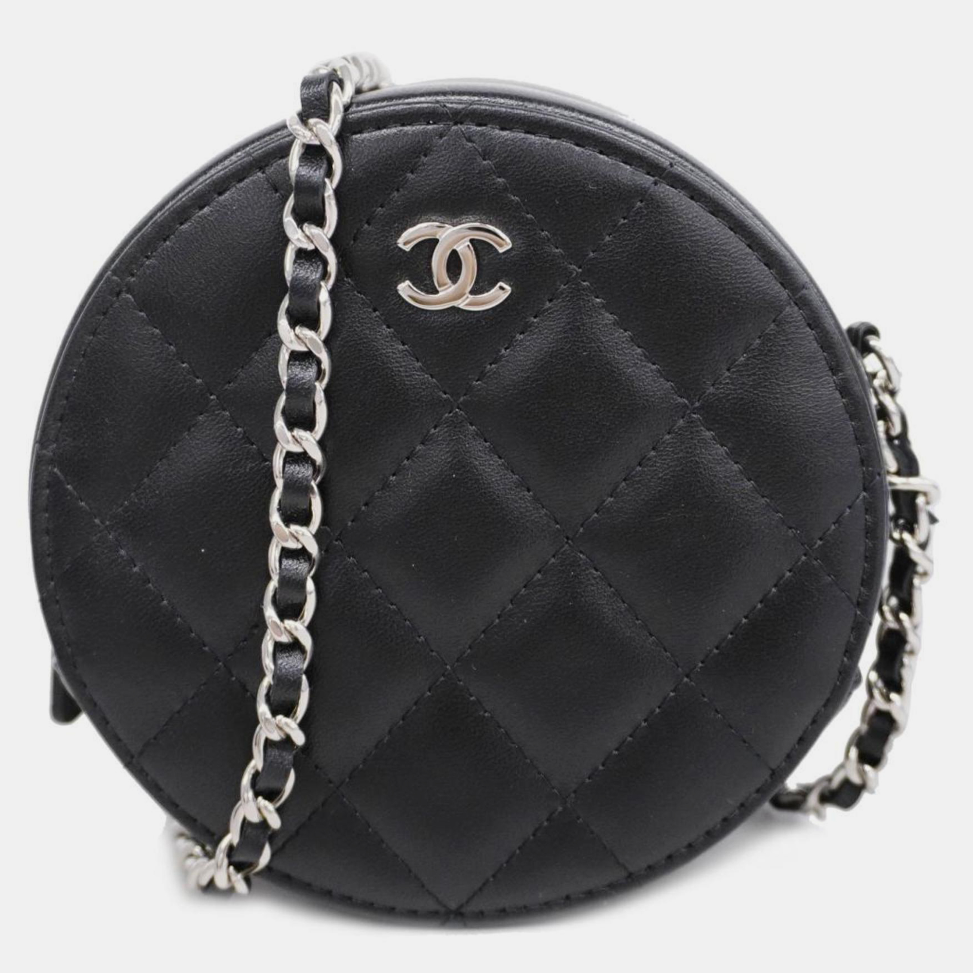 Chanel black leather round cc clutch bag