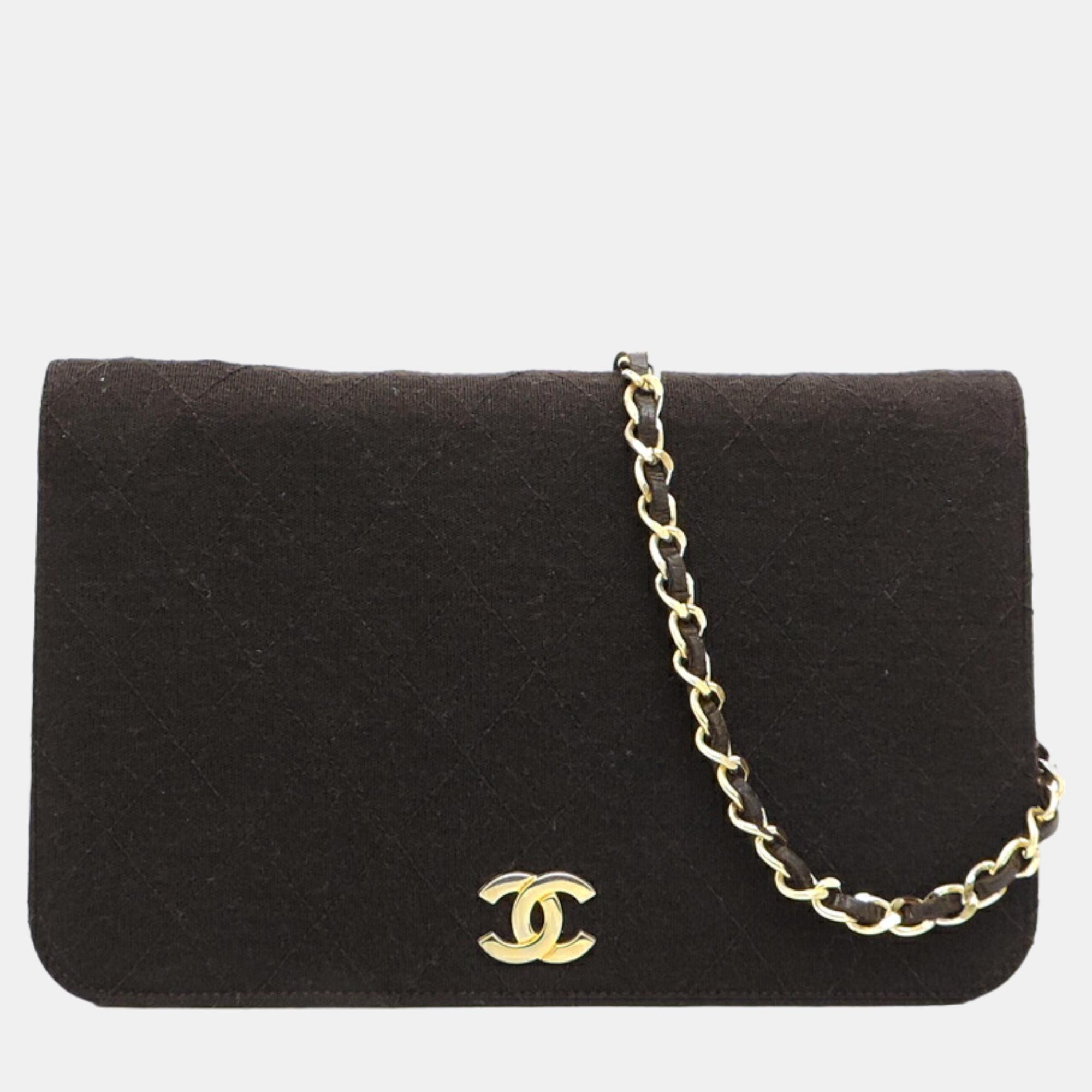 Chanel brown cotton cc single flap bag