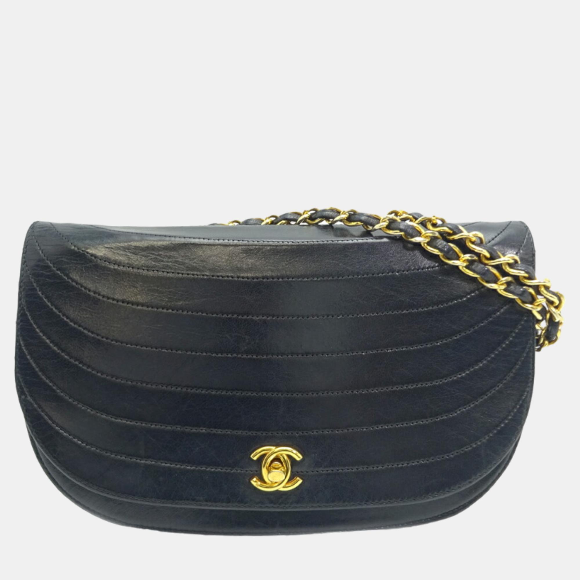 Chanel black leather cc half moon chain shoulder bag