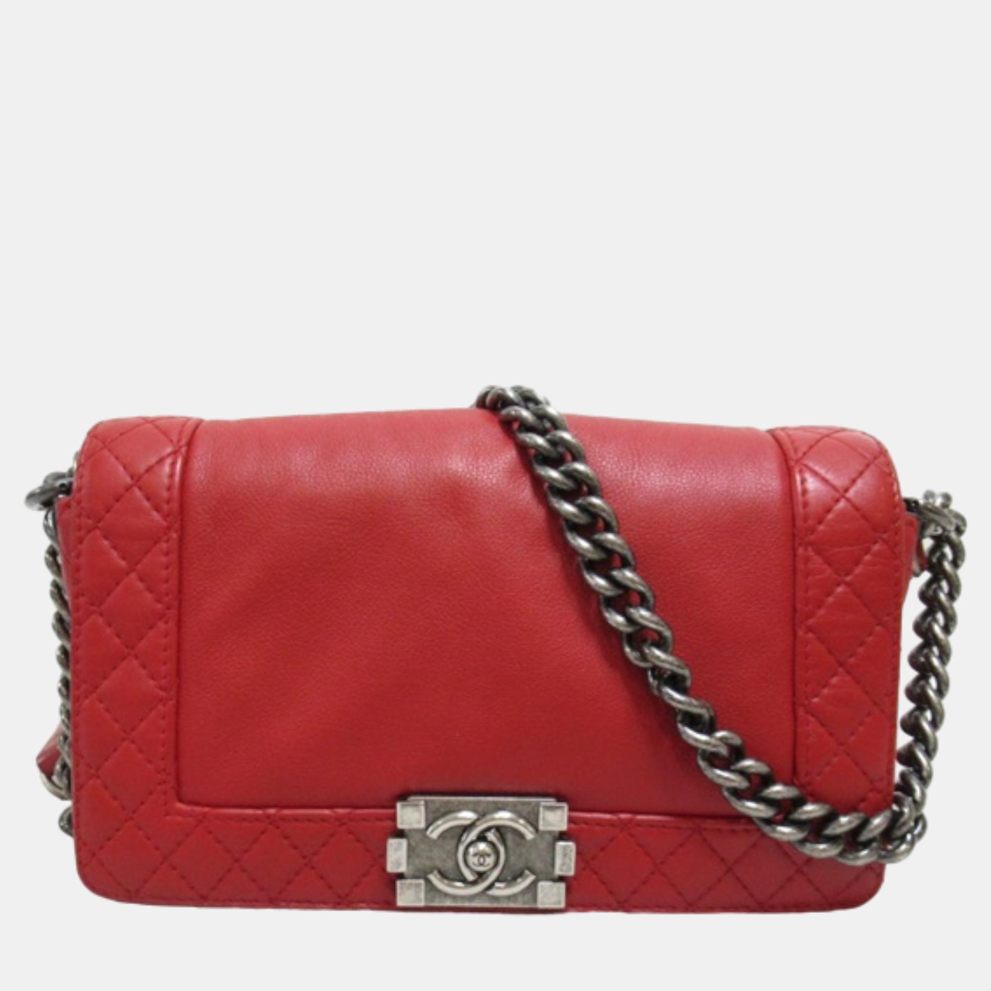 Chanel red leather medium boy reverso flap bag