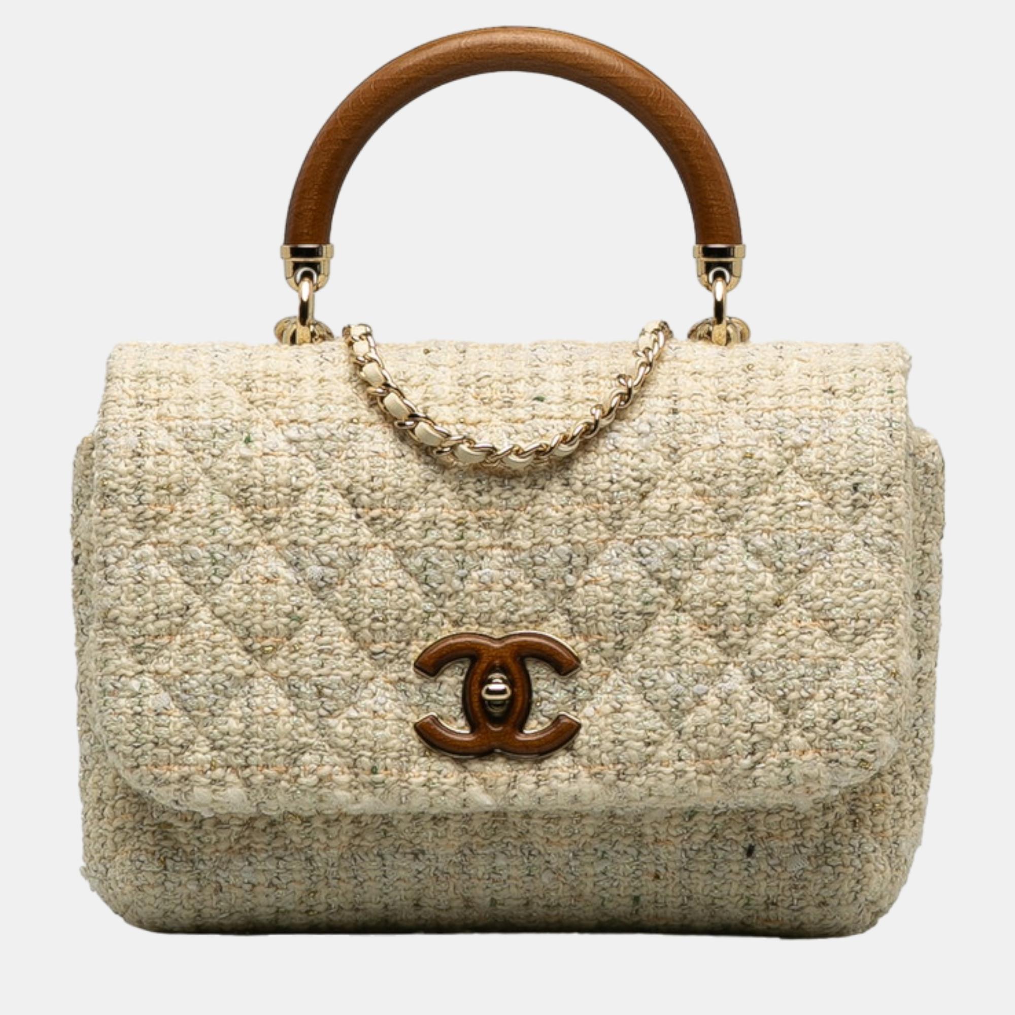 Chanel white cotton cc tweed matelasse top handle bag