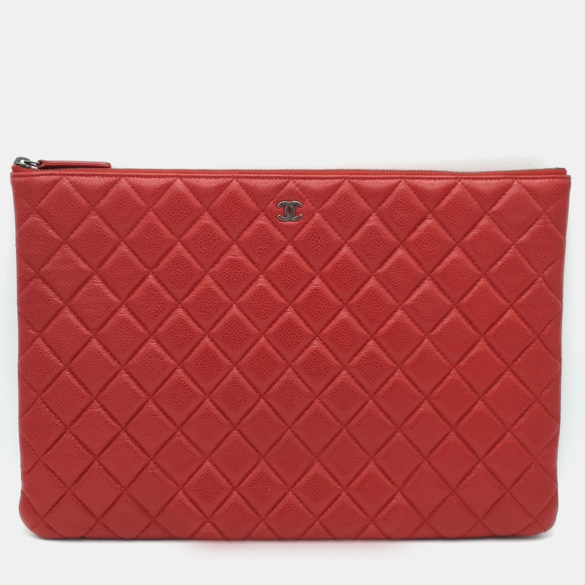 Chanel red caviar leather large clutch bag