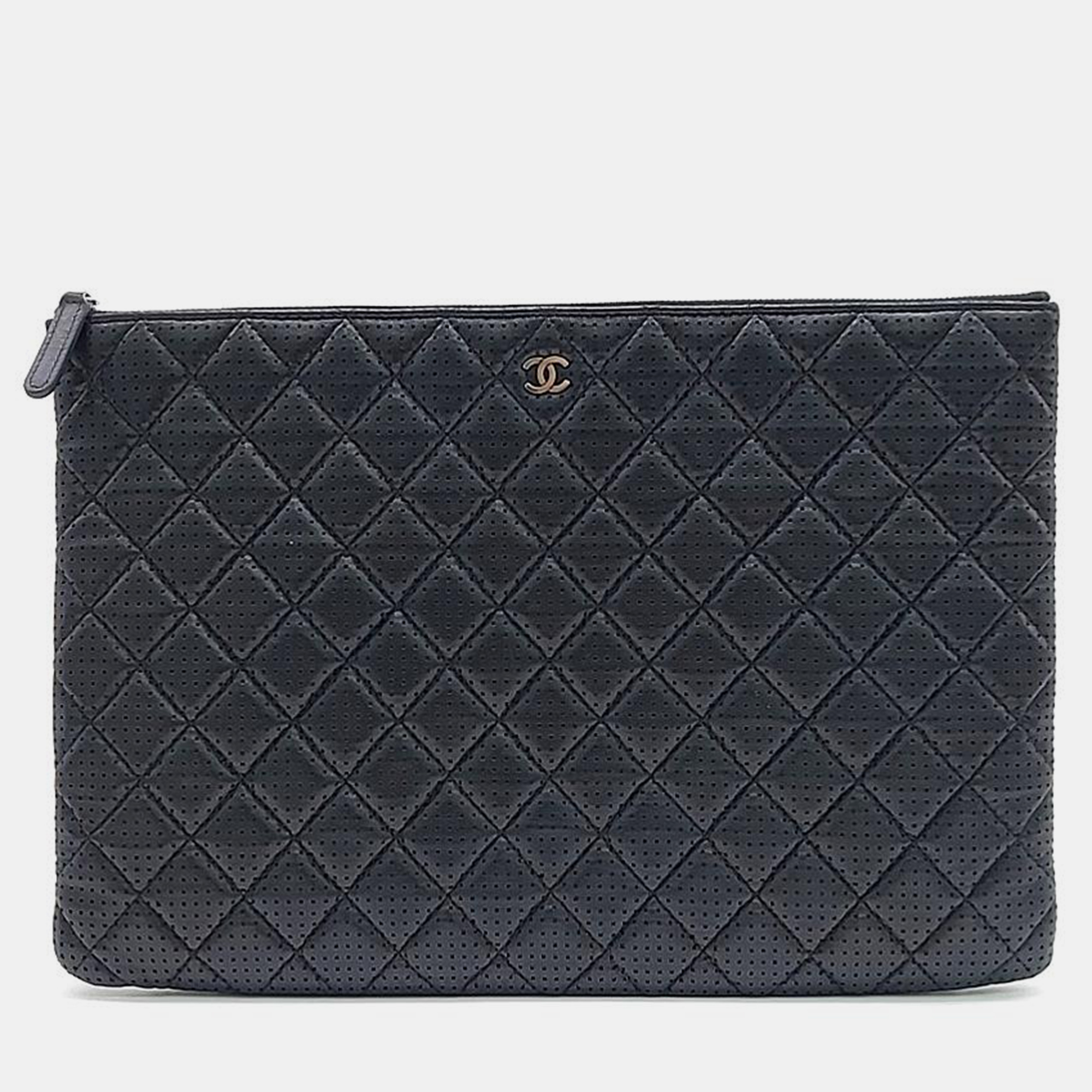 Chanel black perforated leather large clutch bag