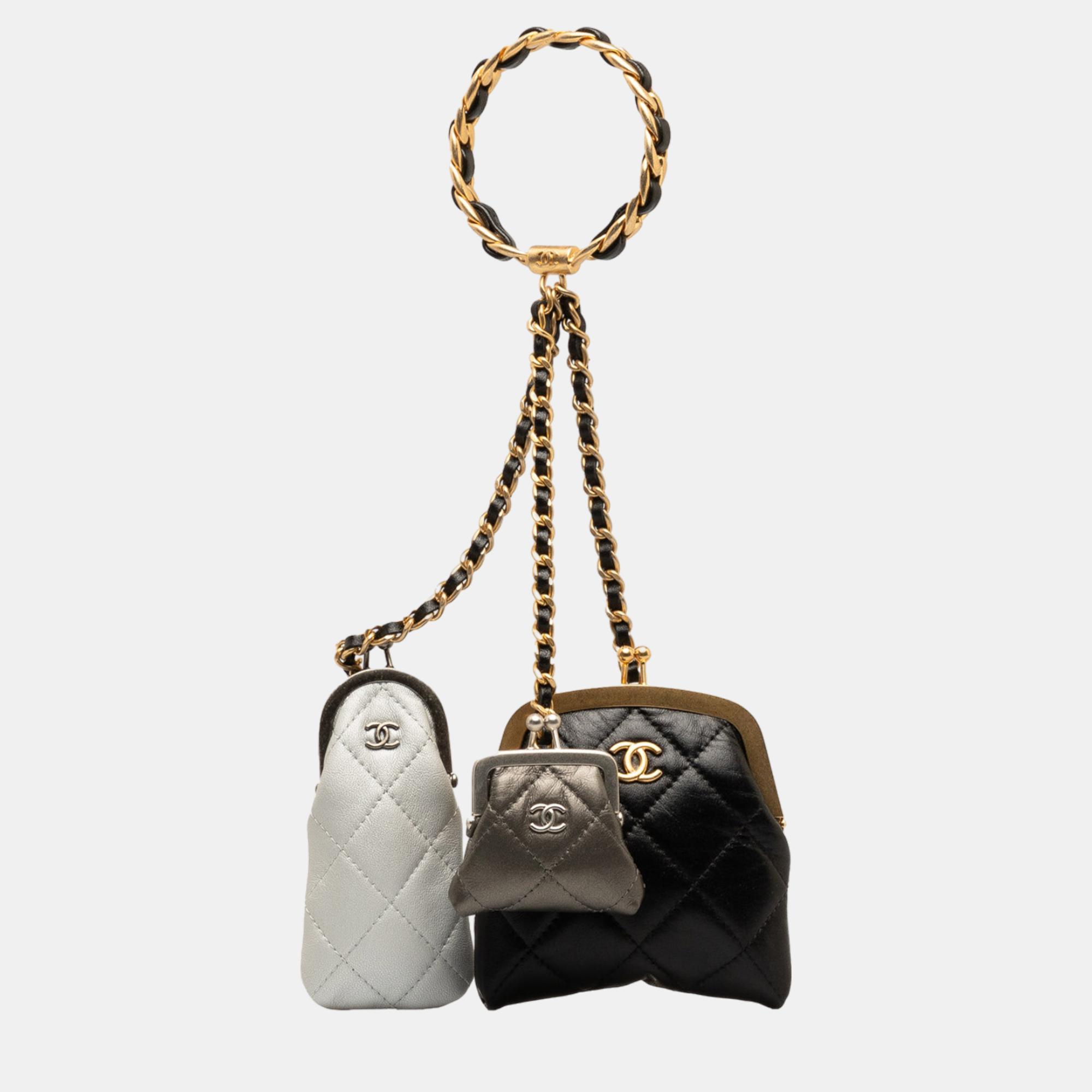 Chanel black quilted lambskin multi clutch with handle