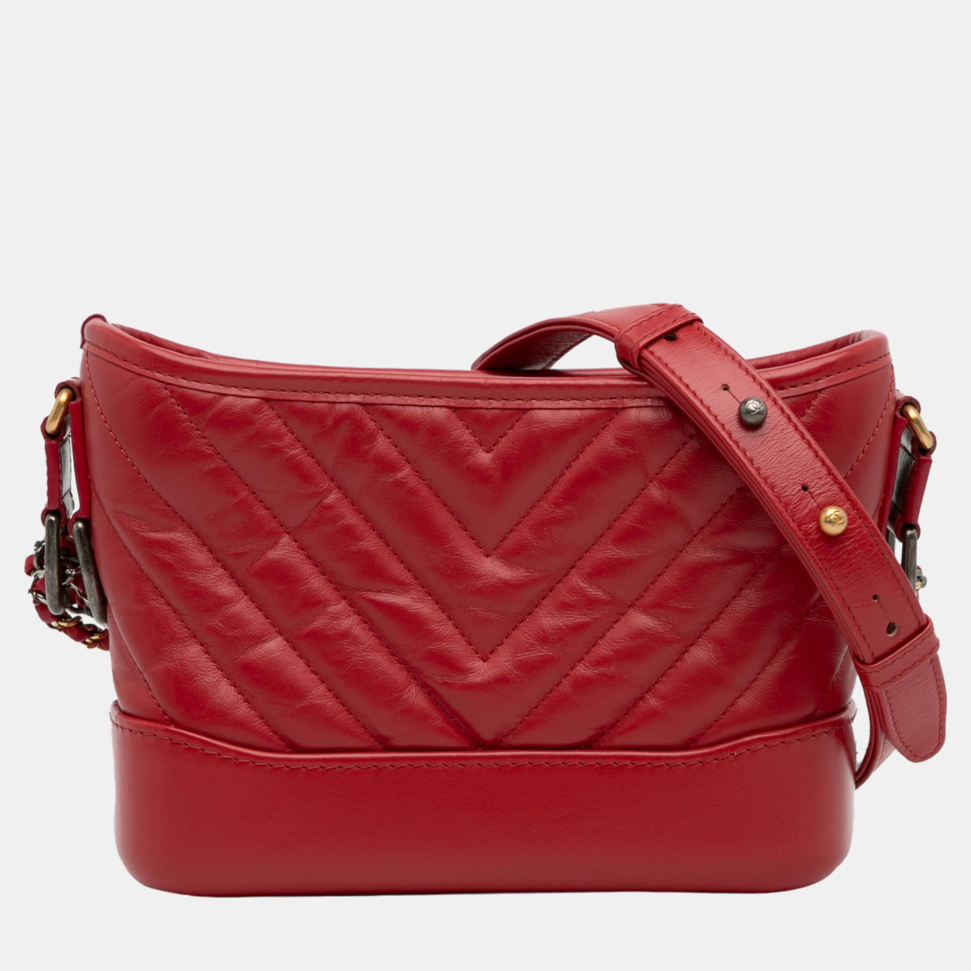 Chanel red small lambskin gabrielle crossbody bag