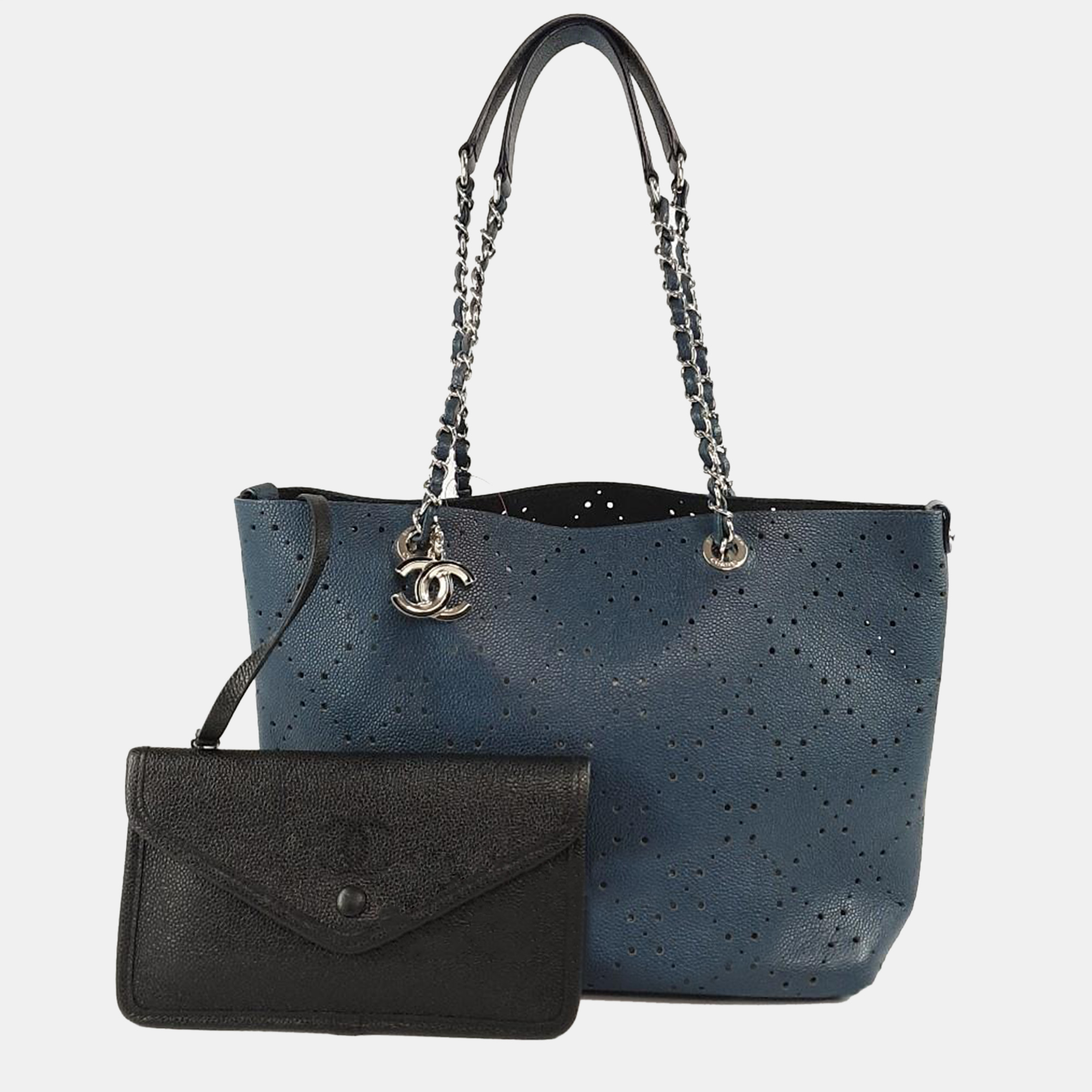 Chanel blue perforated leather punchin chain tote bag
