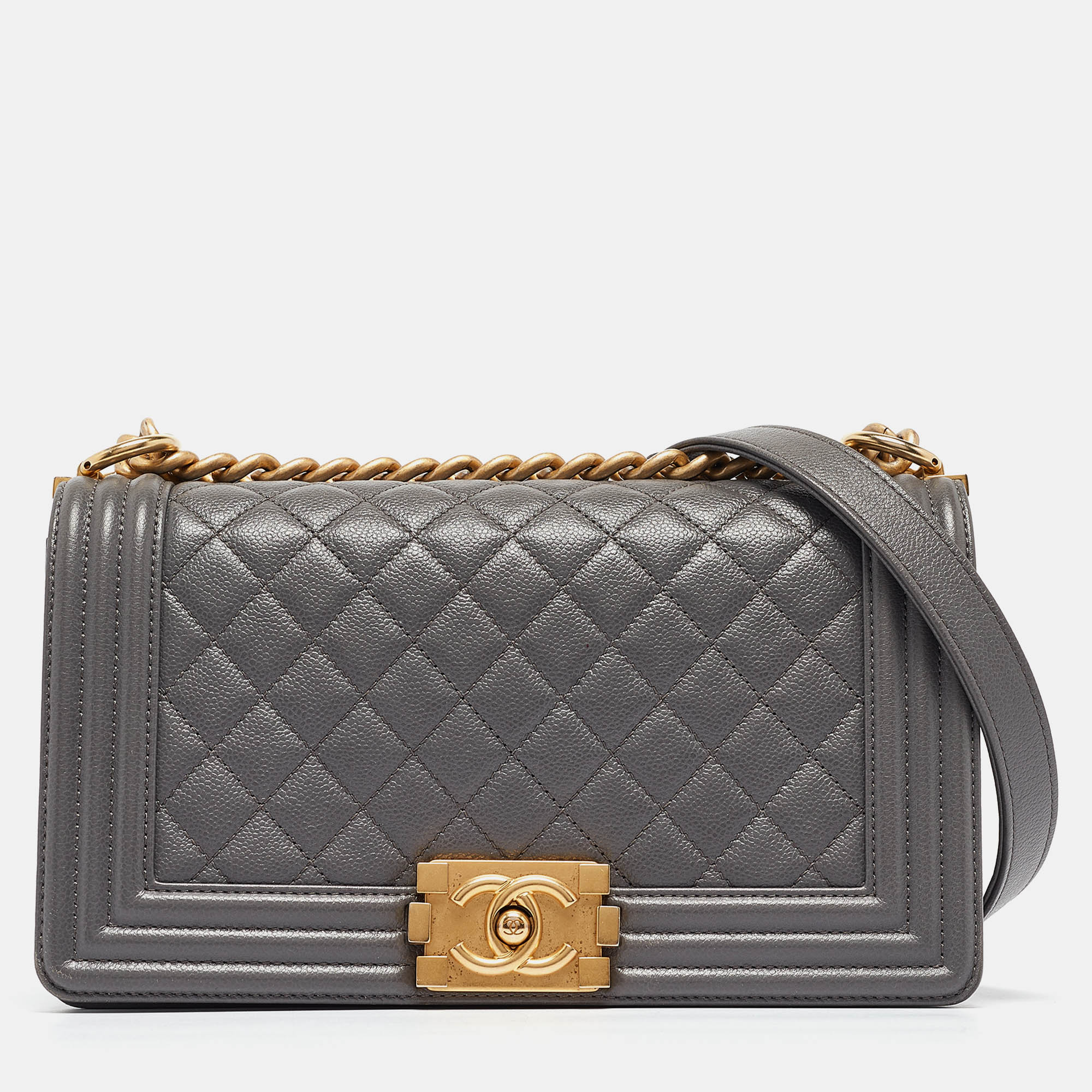 Chanel grey quilted caviar leather medium boy flap bag