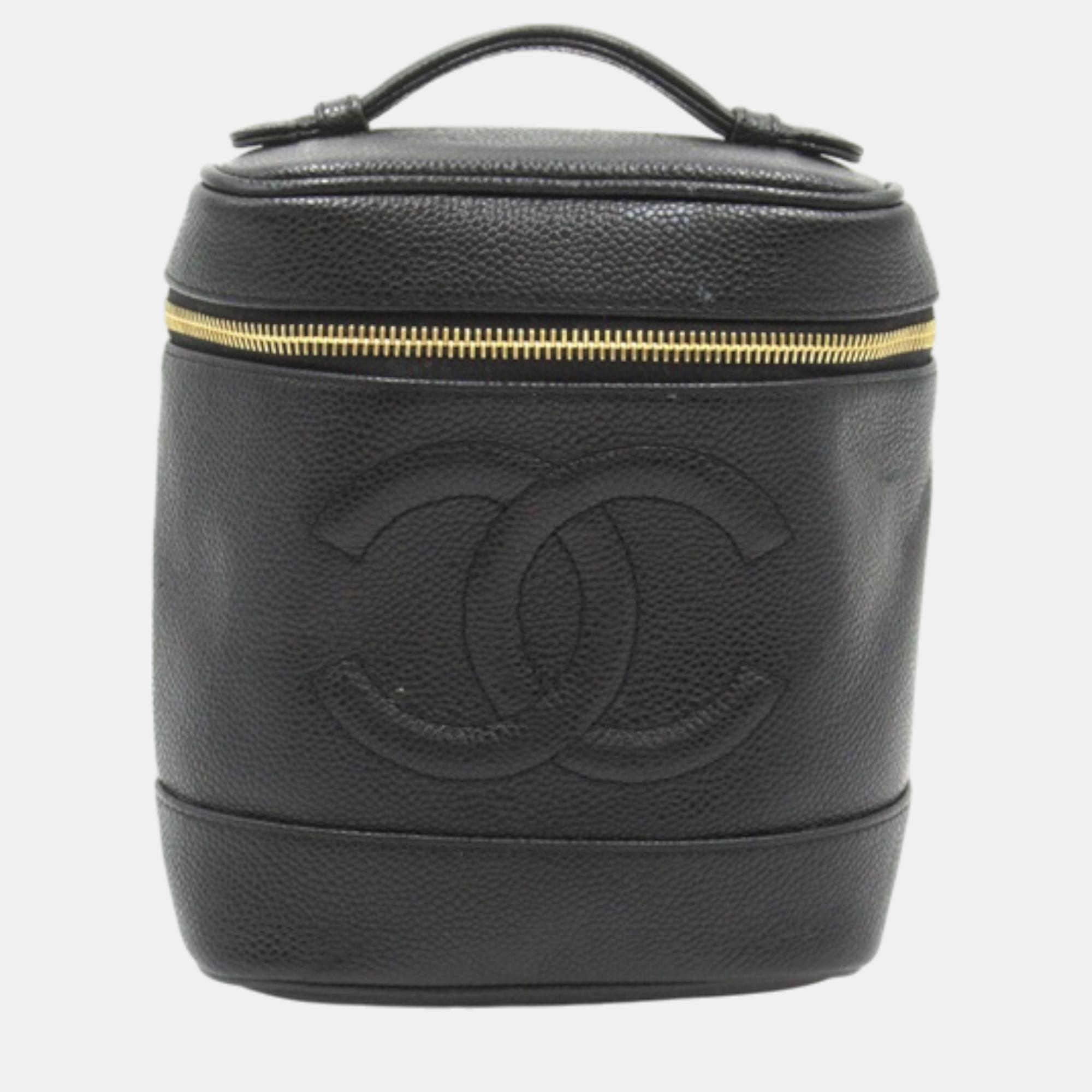 Chanel black leather cc caviar vanity case