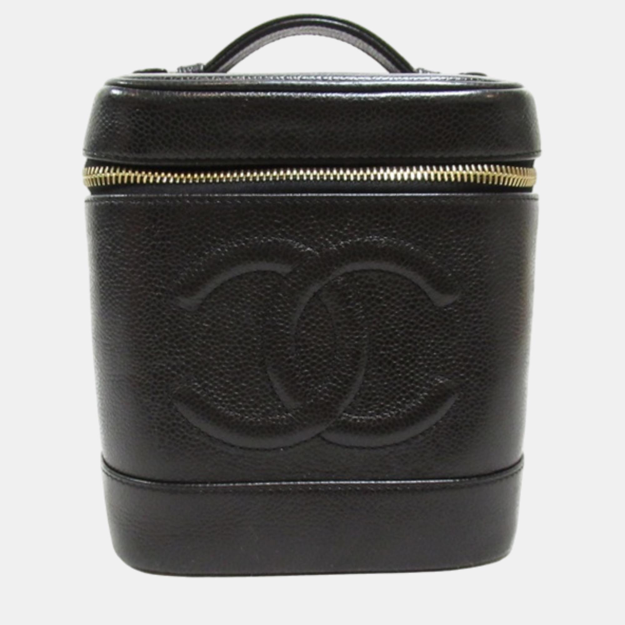 Chanel black leather cc caviar vertical vanity case