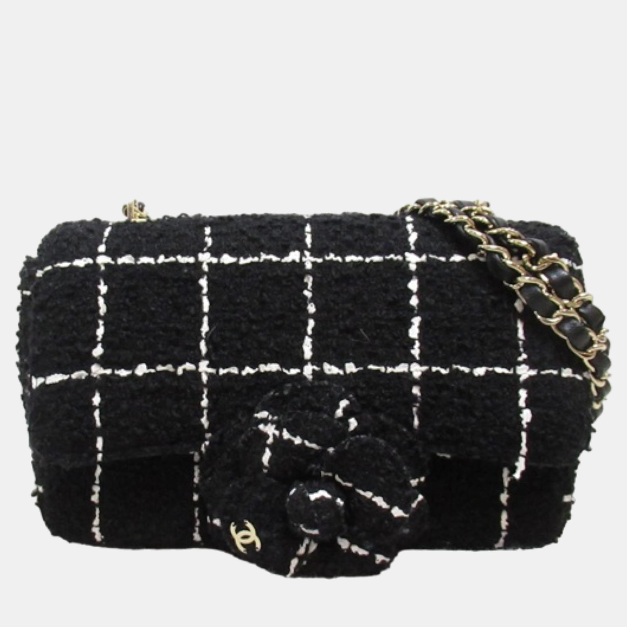 Chanel black canvas tweed camellia flap bag