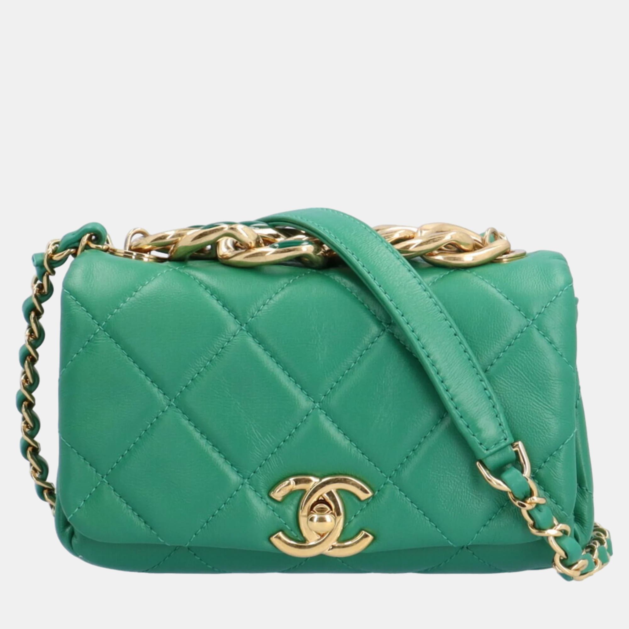 Chanel green lambskin quilted color match mini flap bag