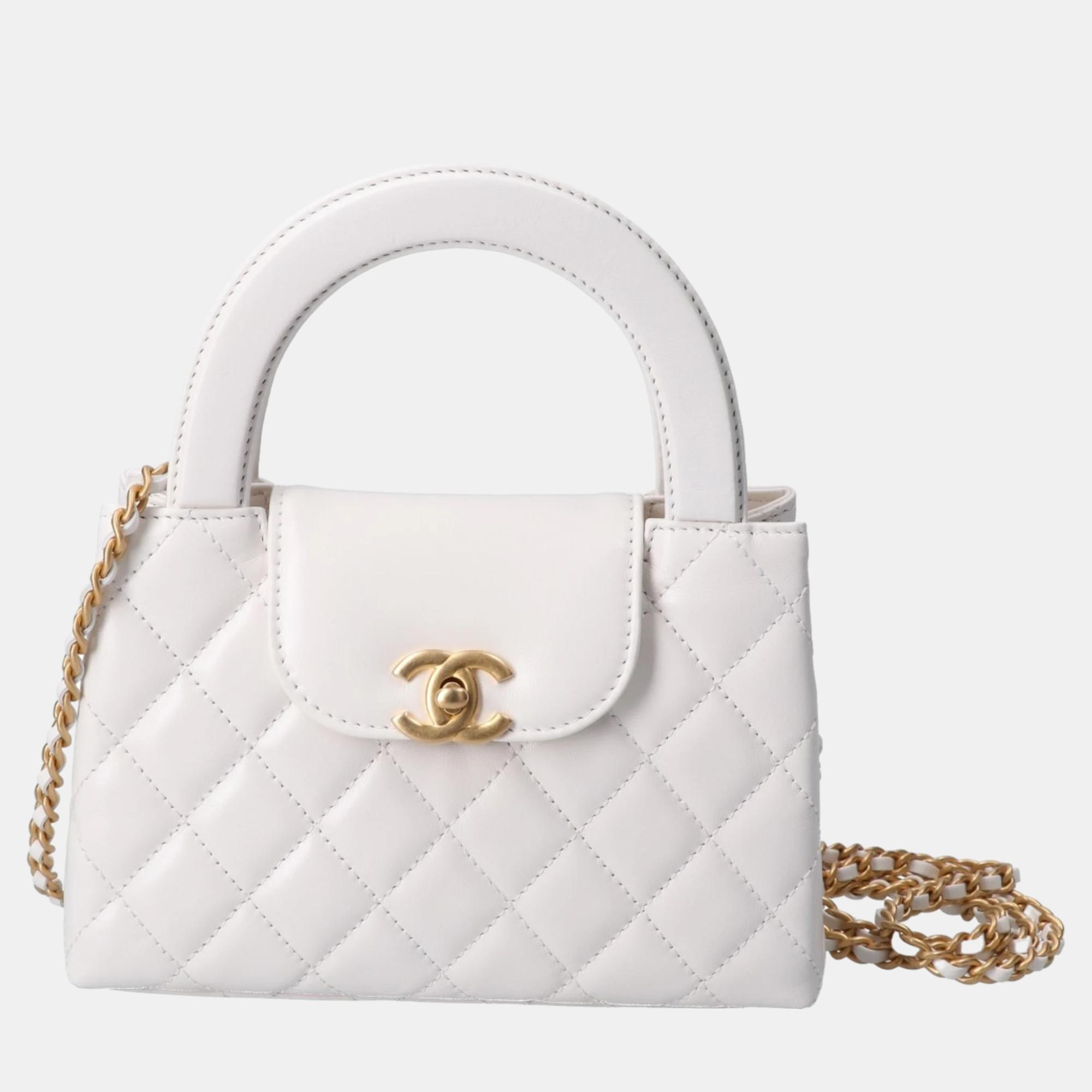 Chanel white quilted aged calfskin leather small kelly top handle bags