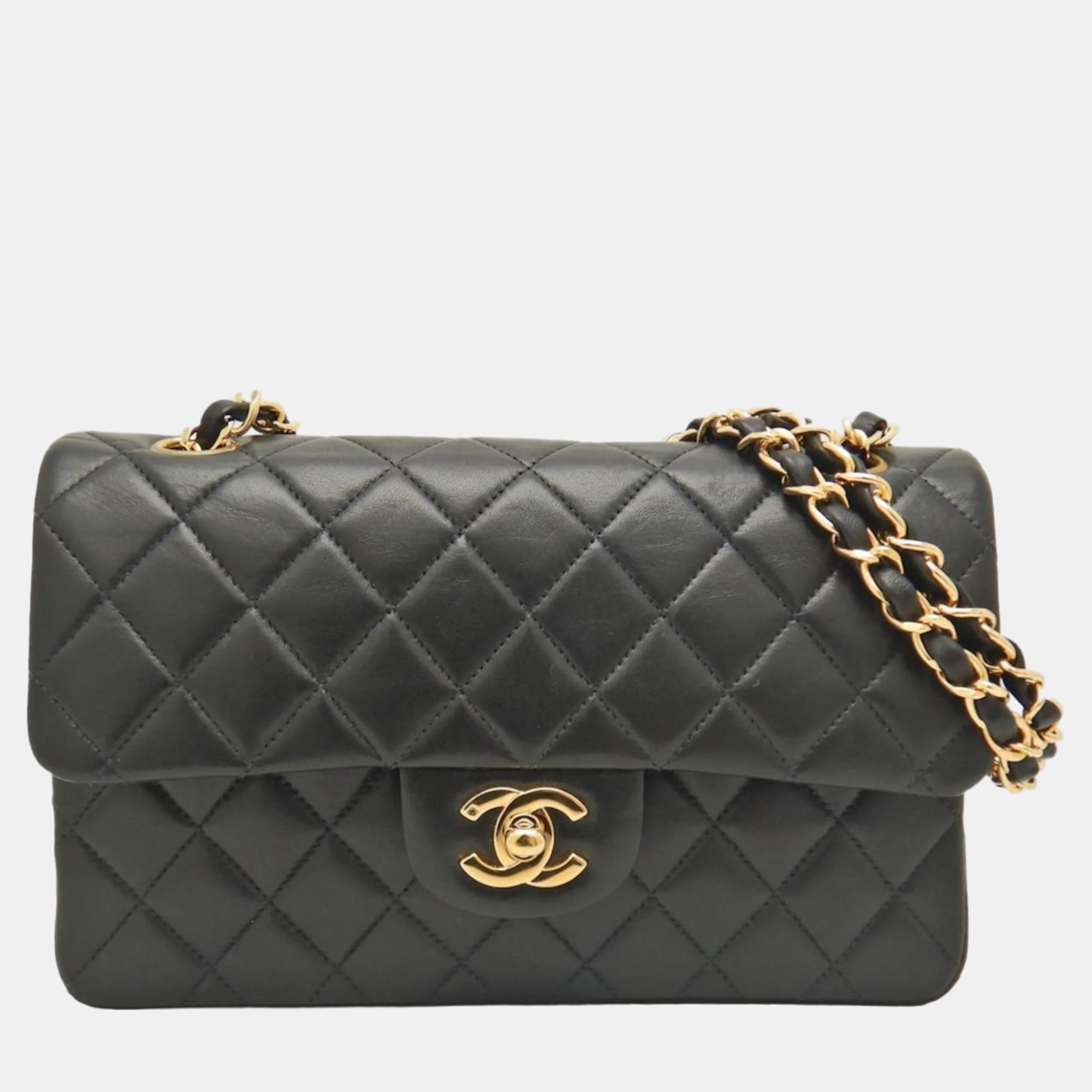 Chanel black lambskin leather small classic double flap shoulder bags